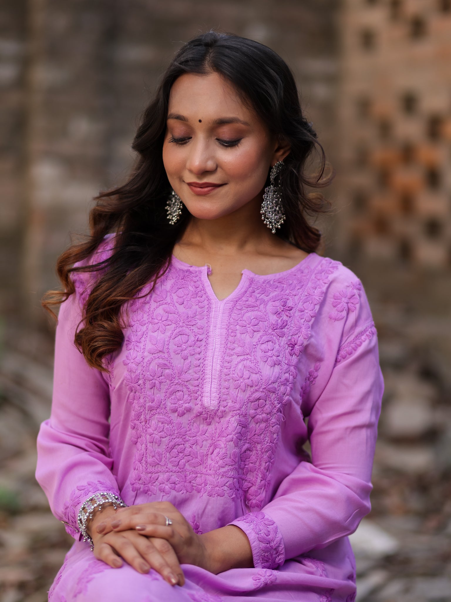 Readymade Floral Self Chikankari Modal Kurti-Purple