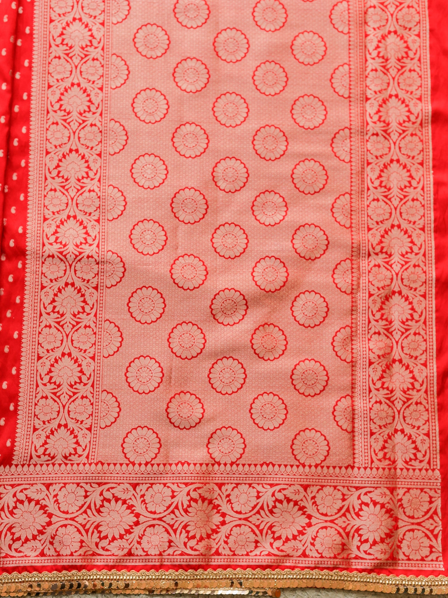 Banarasi Semi Silk Saree With Buti Weaving & Lace Border - Red
