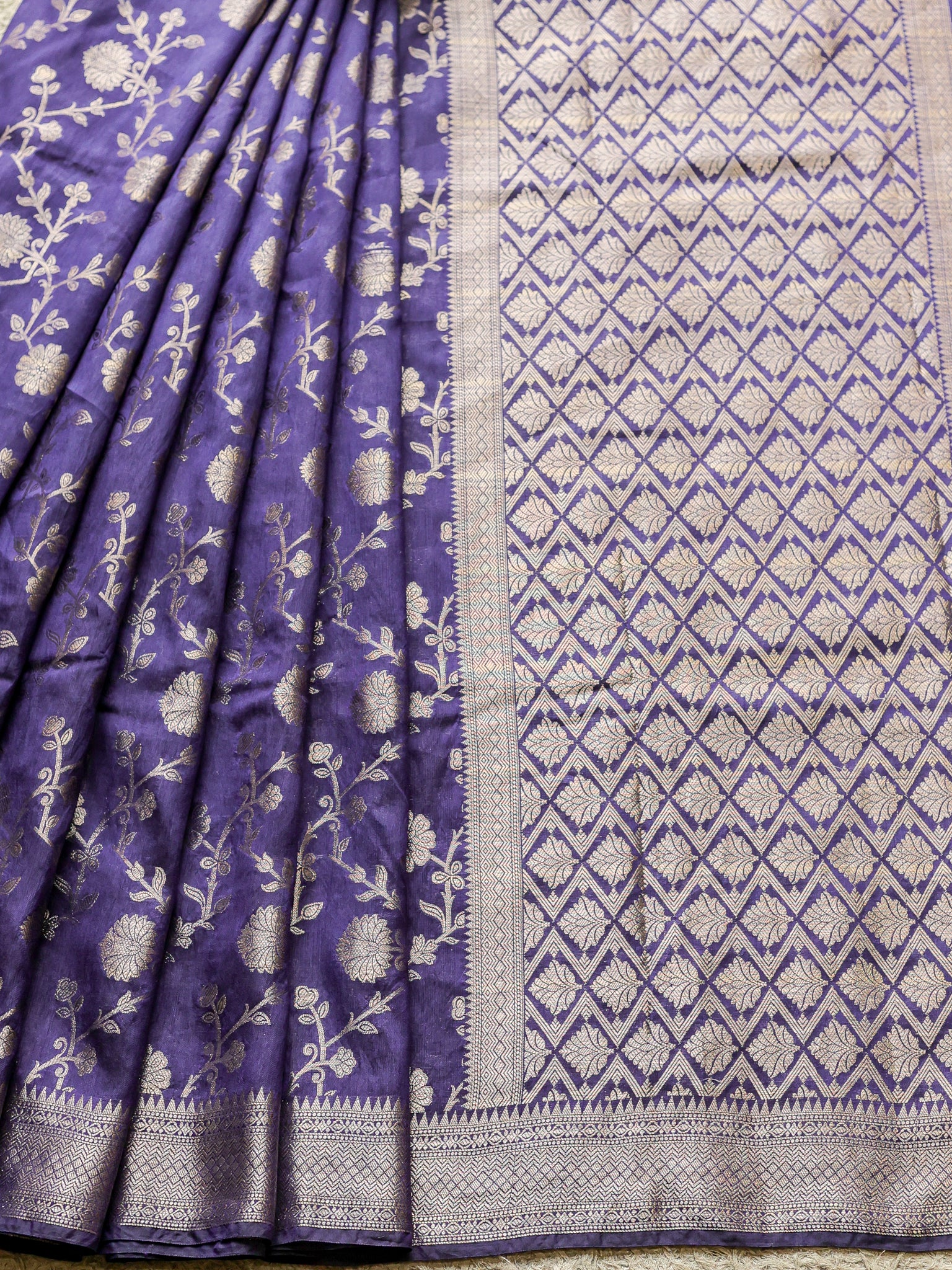 Banarasi Cotton Silk Saree With Floral Weaving & Border- Blue