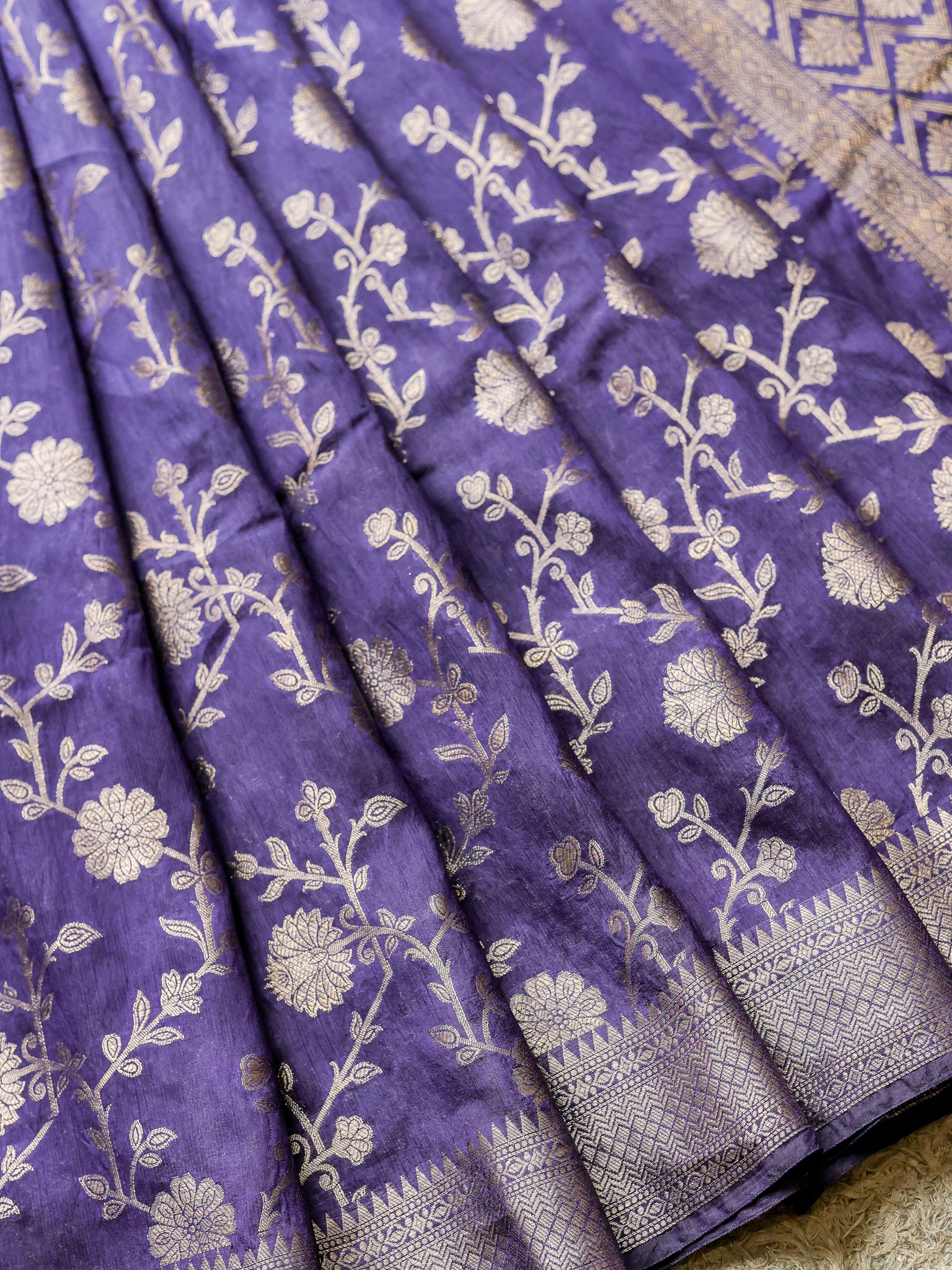 Banarasi Cotton Silk Saree With Floral Weaving & Border- Blue