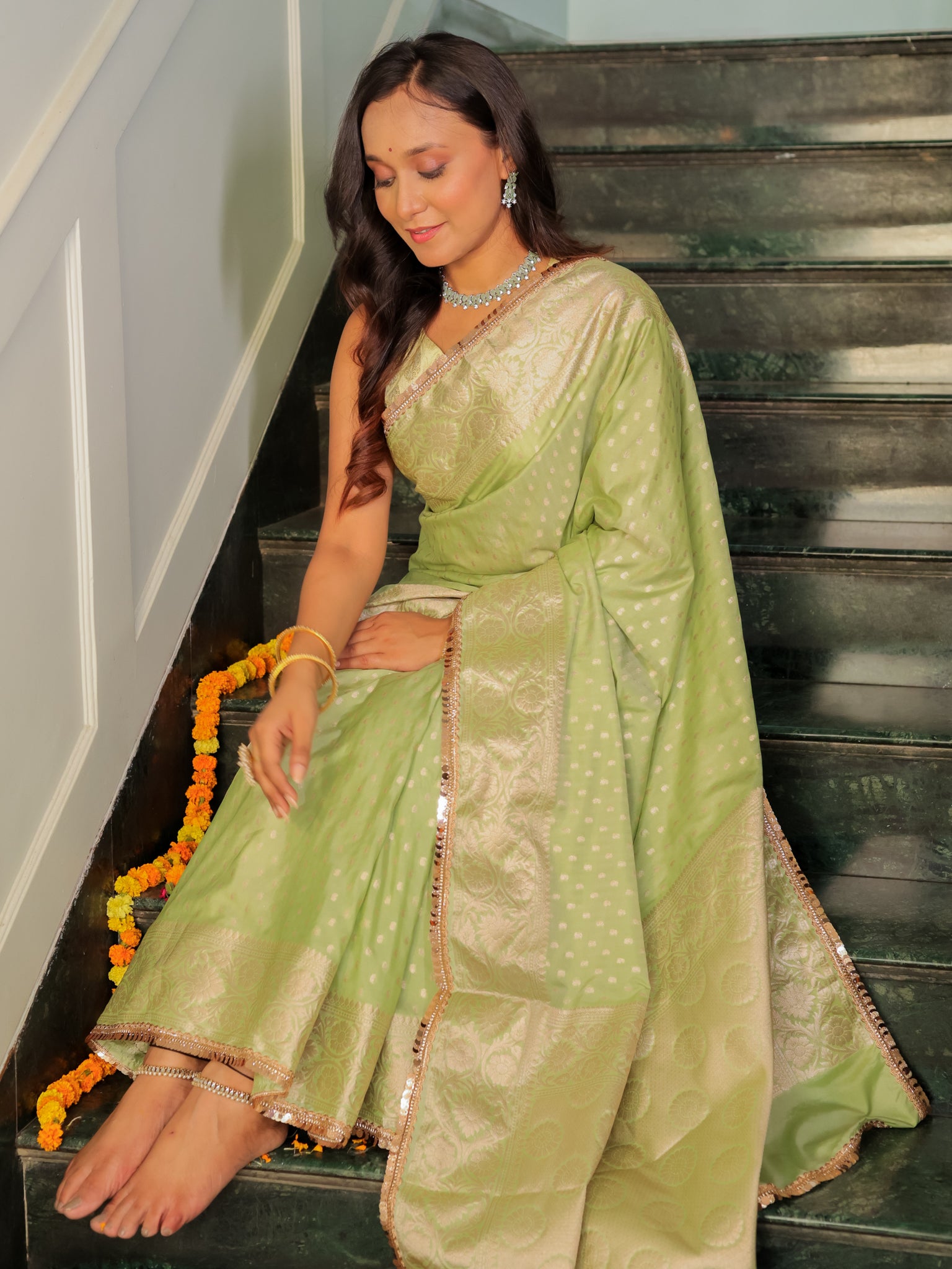 Banarasi Semi Silk Saree With Buti Weaving & Lace Border - Green