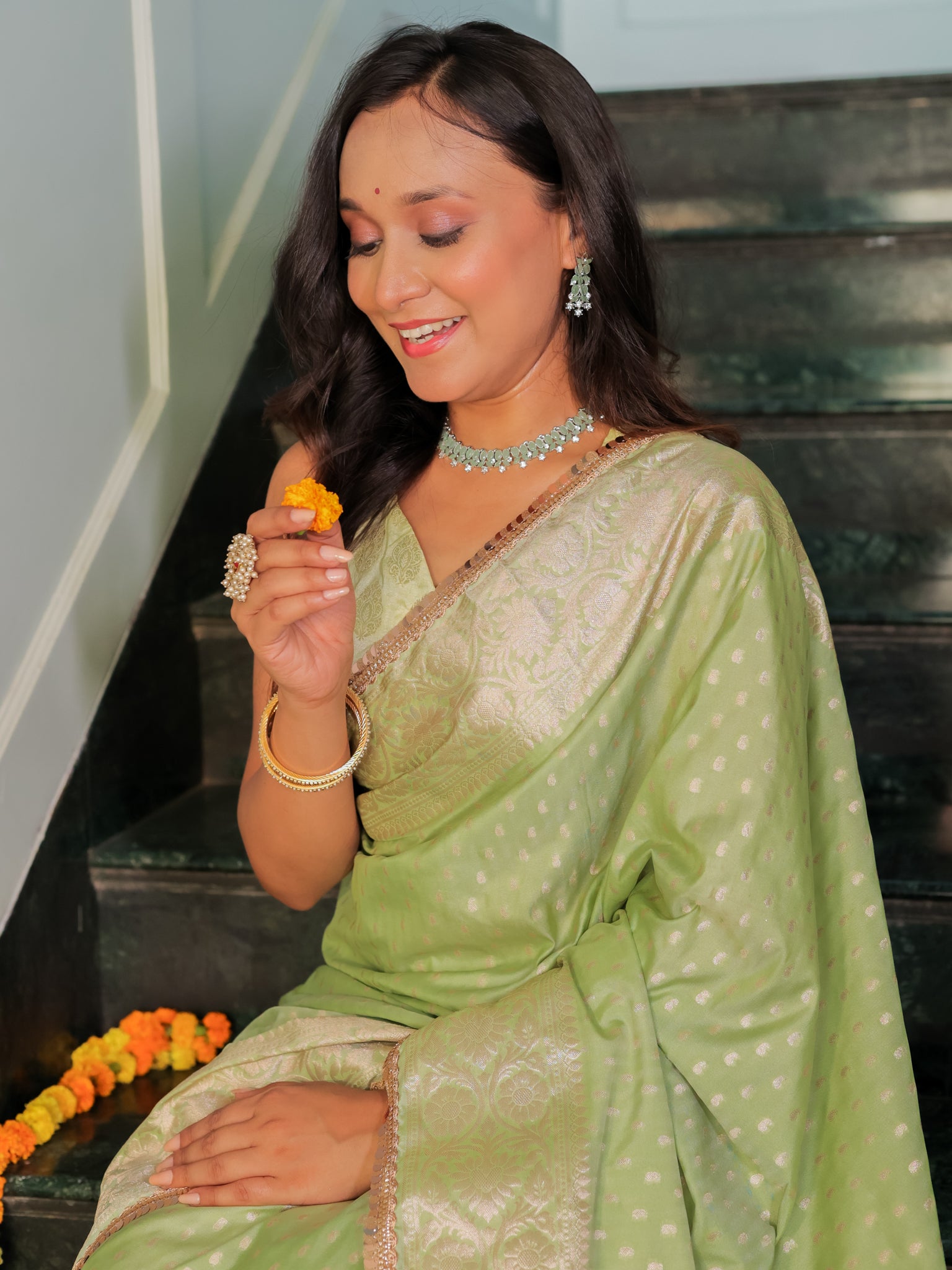 Banarasi Semi Silk Saree With Buti Weaving & Lace Border - Green