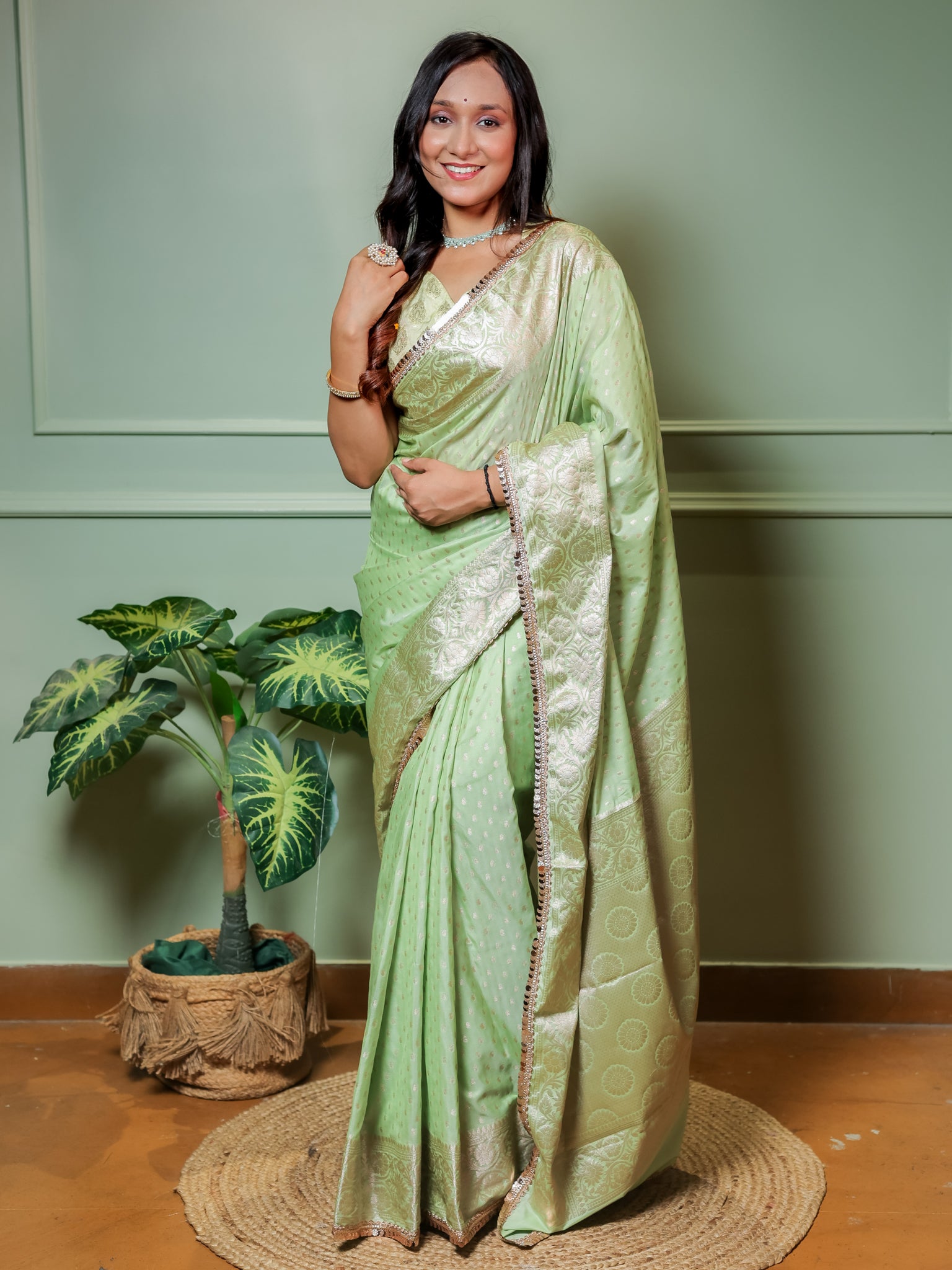 Banarasi Semi Silk Saree With Buti Weaving & Lace Border - Green