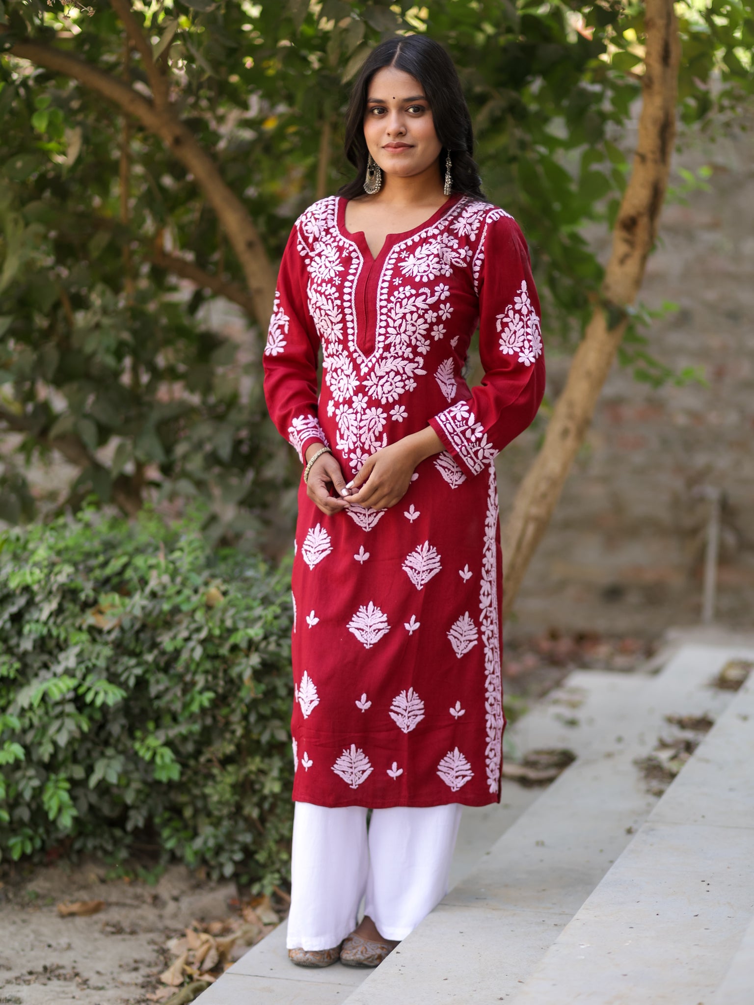 Readymade Floral Chikankari Rayon Kurti-Red