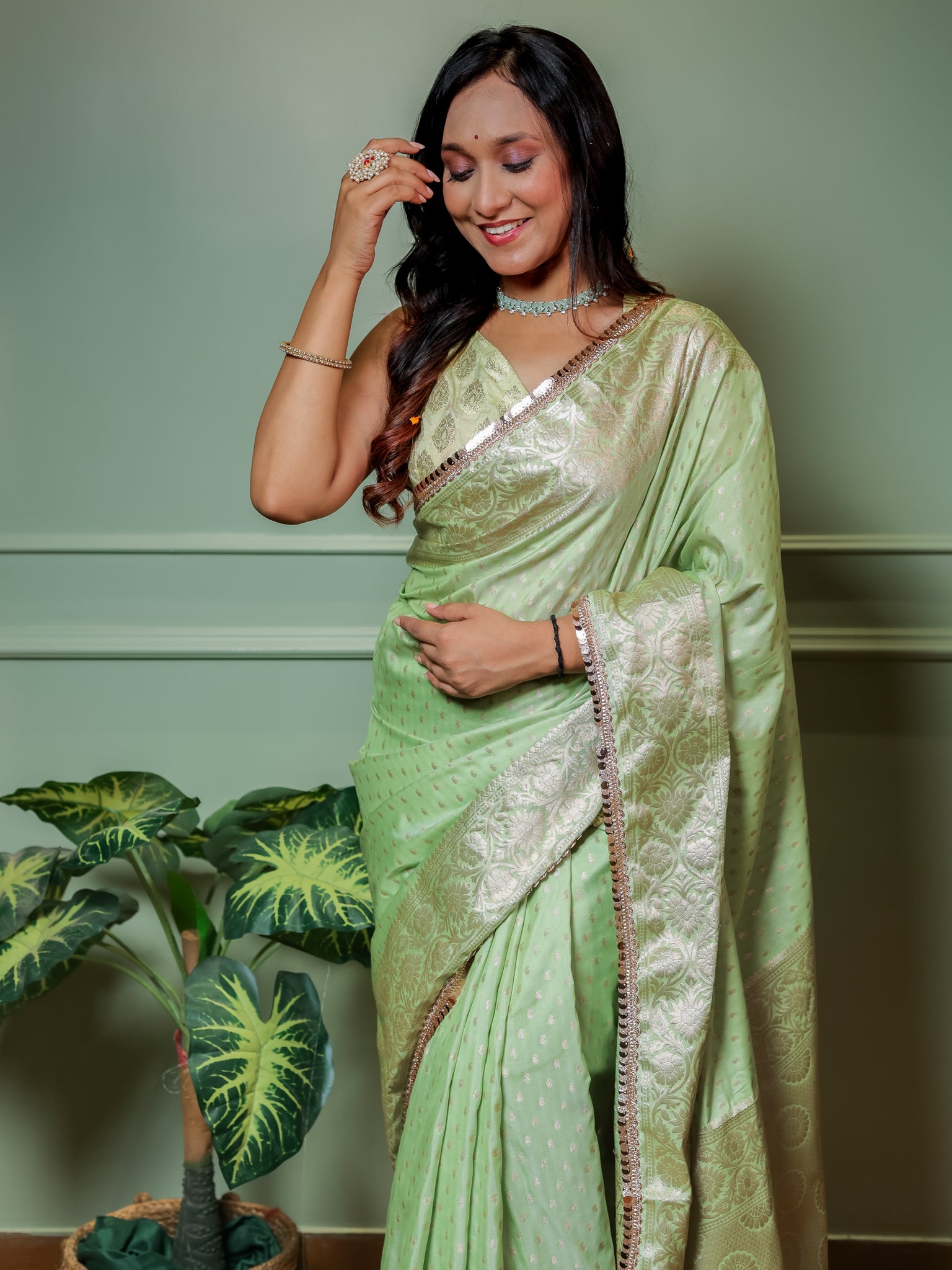 Banarasi Semi Silk Saree With Buti Weaving & Lace Border - Green