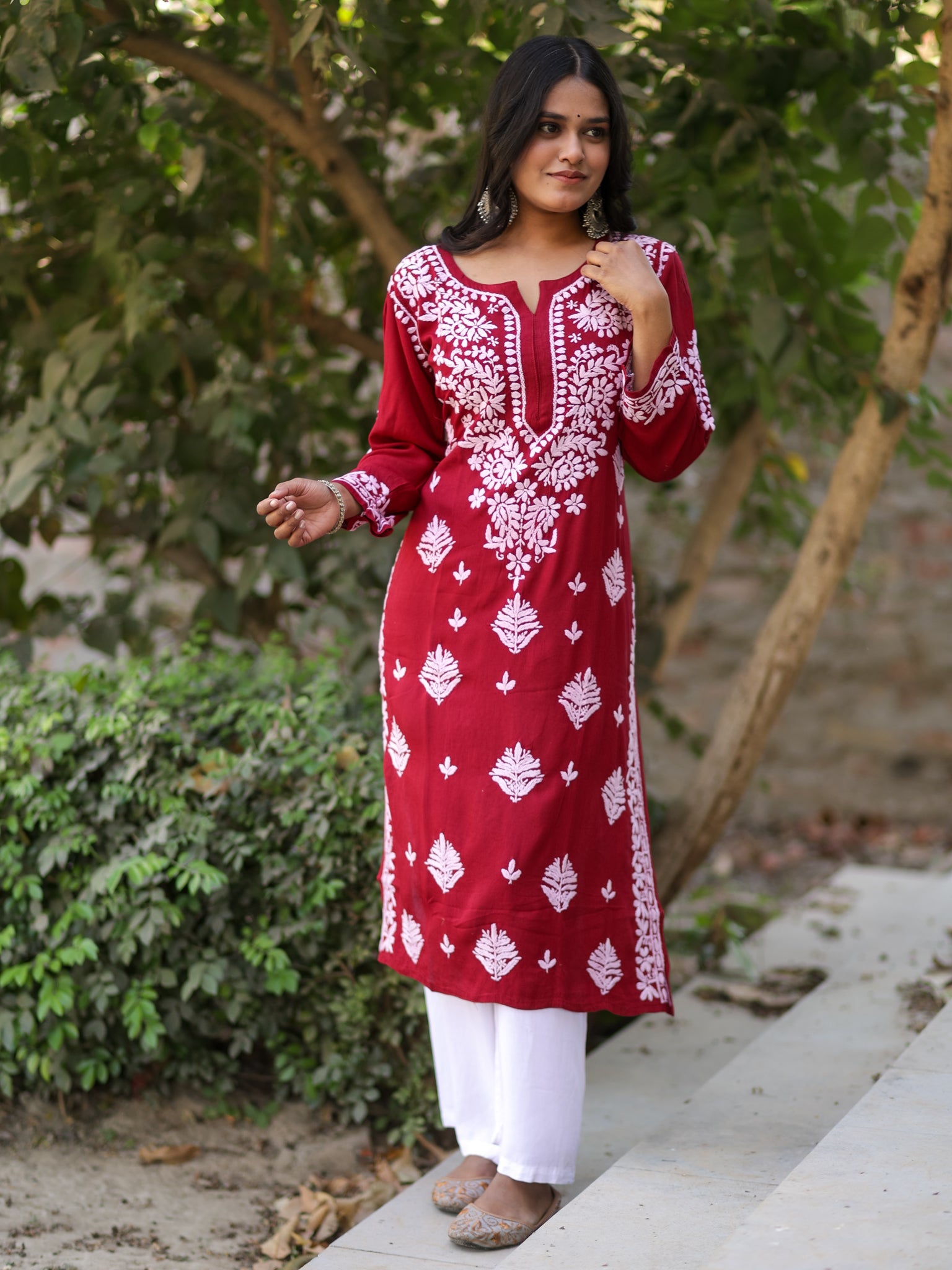 Readymade Floral Chikankari Rayon Kurti-Red