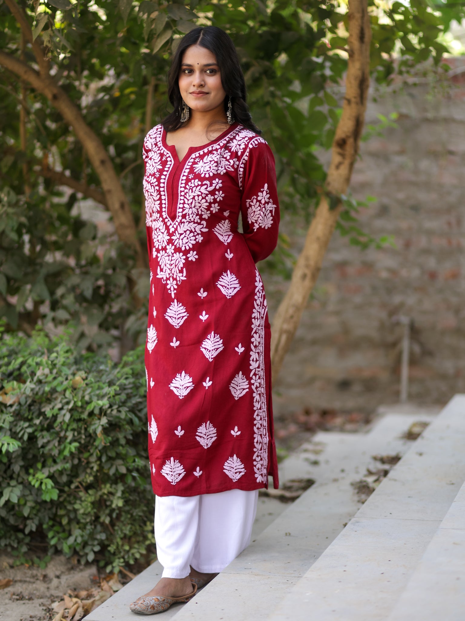 Readymade Floral Chikankari Rayon Kurti-Red