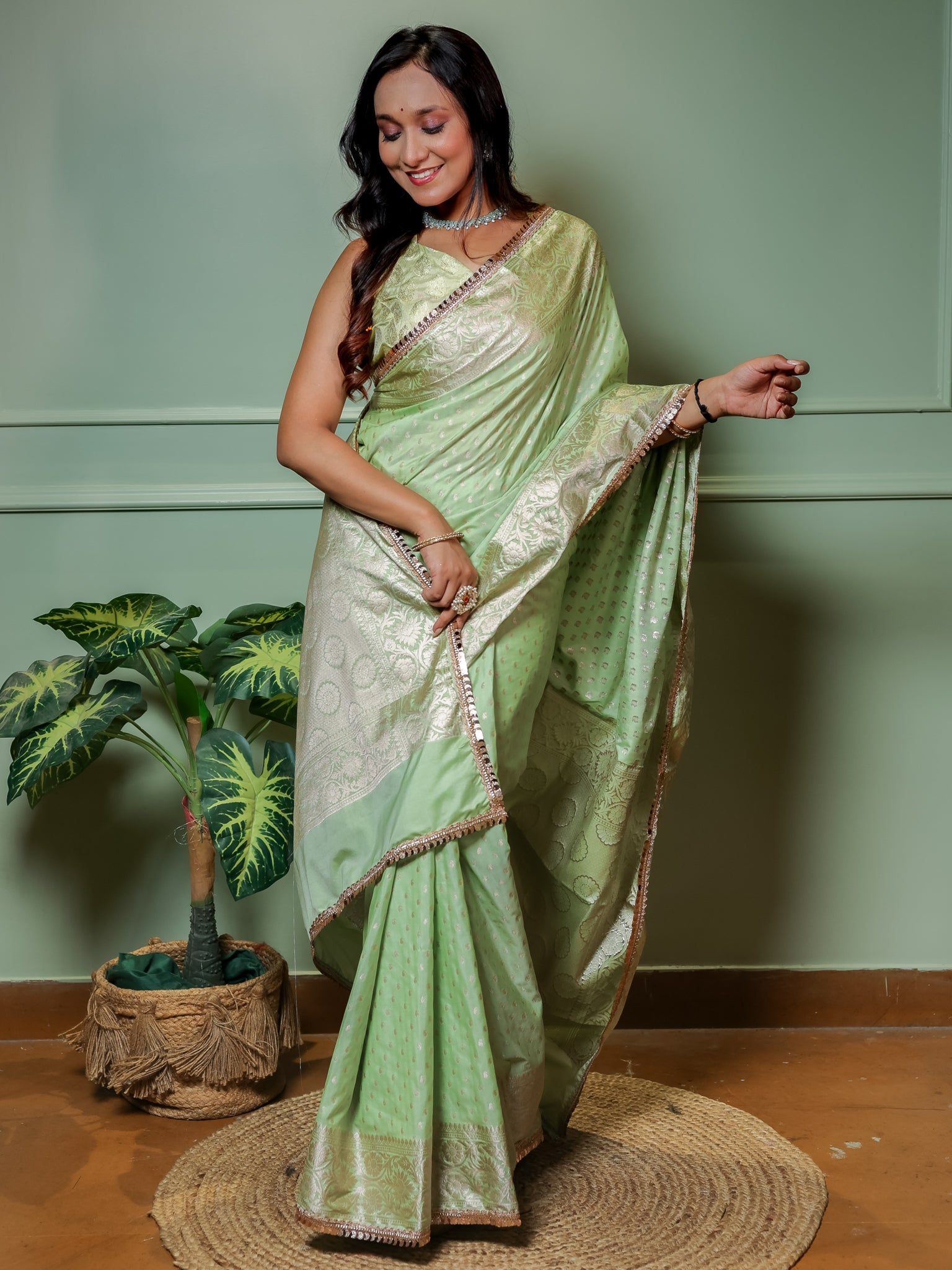 Banarasi Semi Silk Saree With Buti Weaving & Lace Border - Green