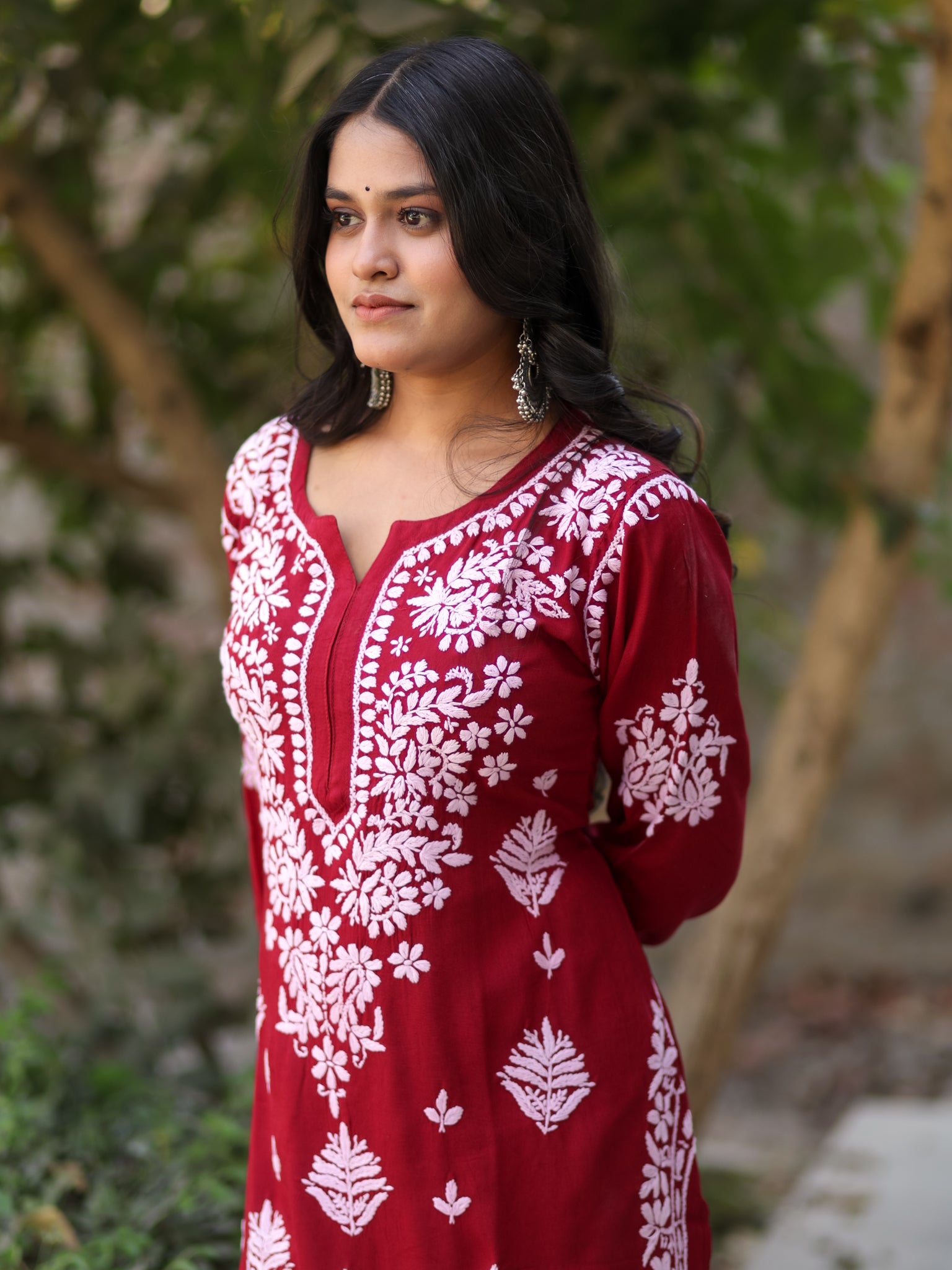 Readymade Floral Chikankari Rayon Kurti-Red