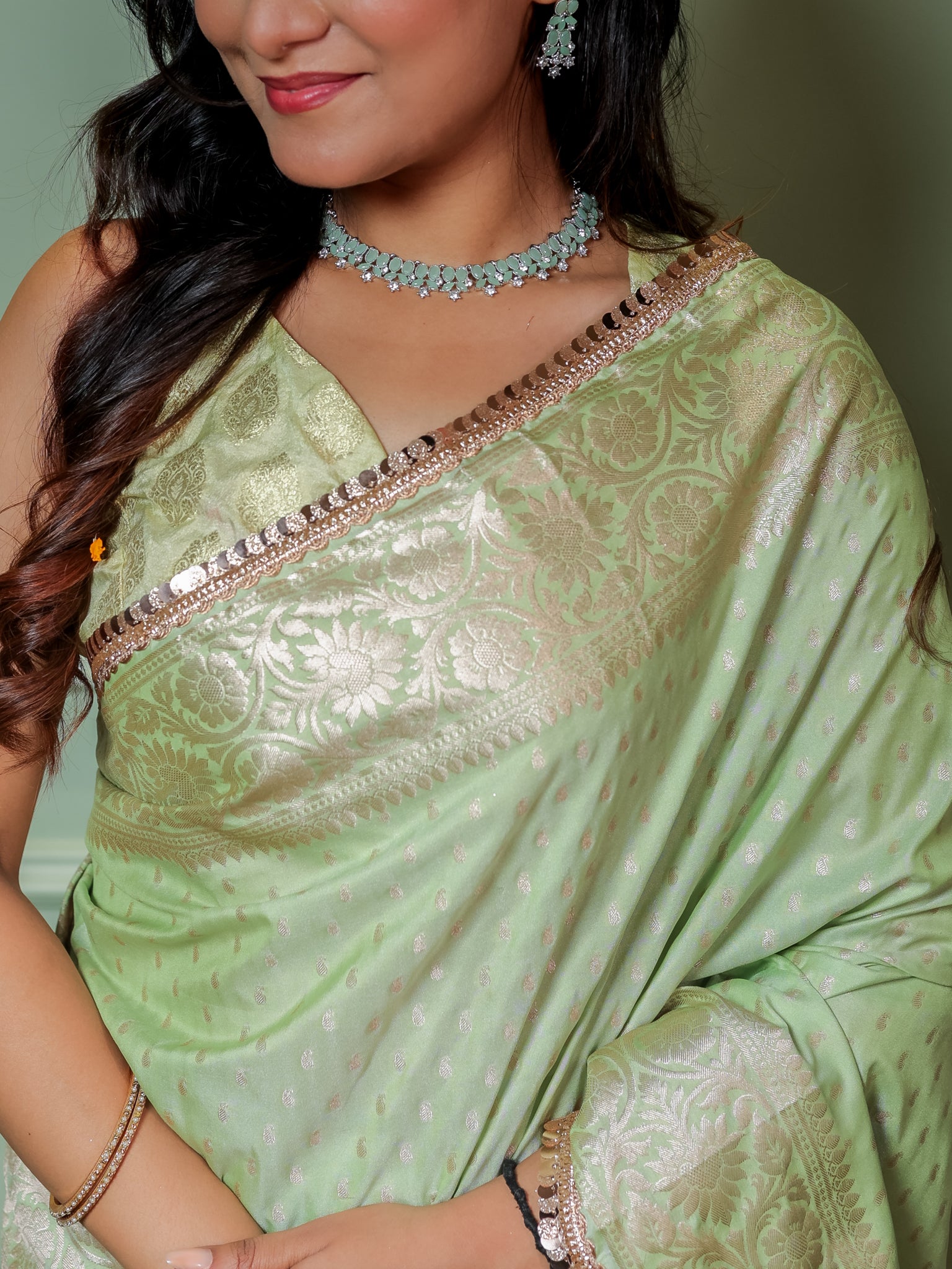 Banarasi Semi Silk Saree With Buti Weaving & Lace Border - Green