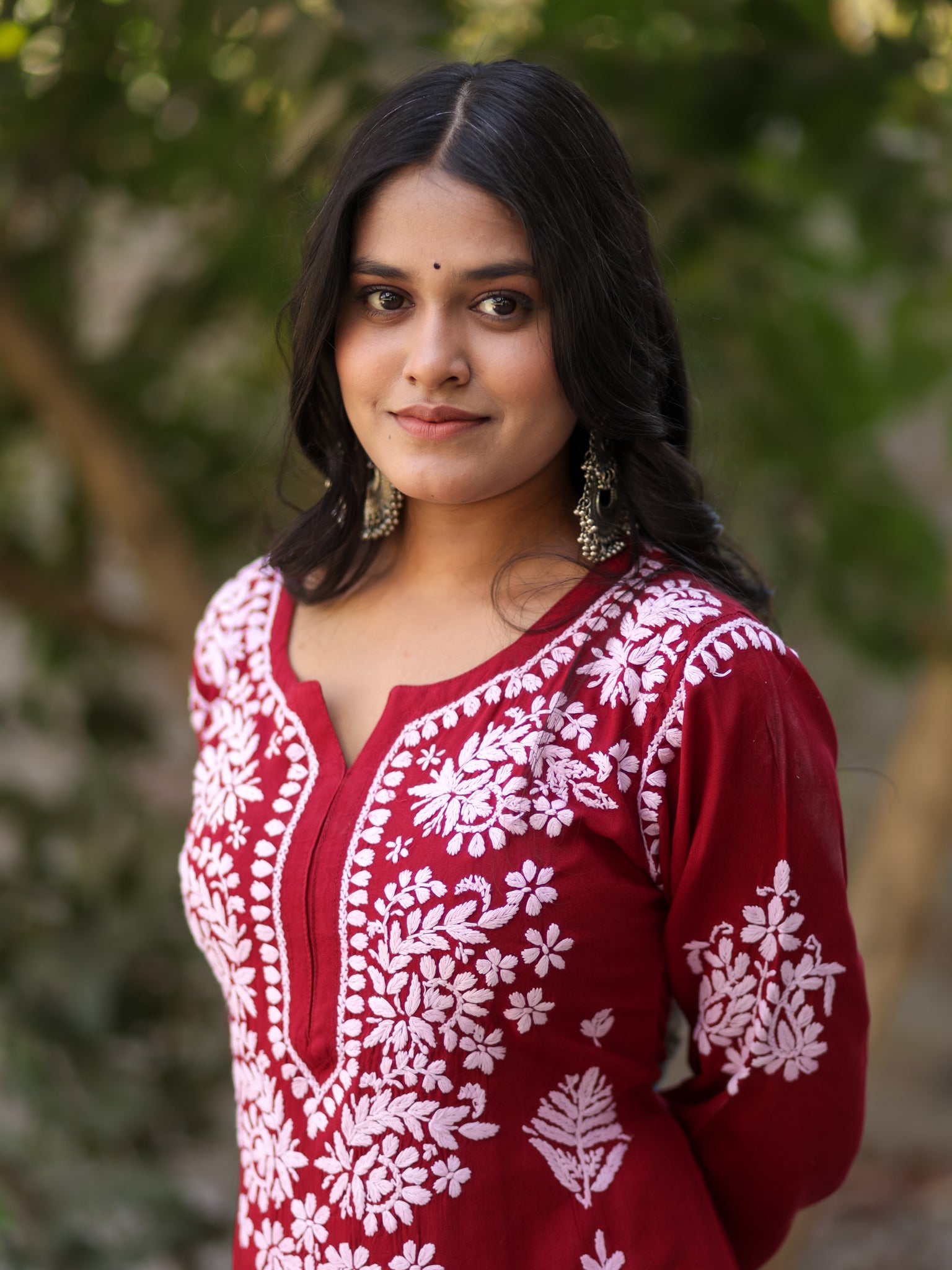 Readymade Floral Chikankari Rayon Kurti-Red