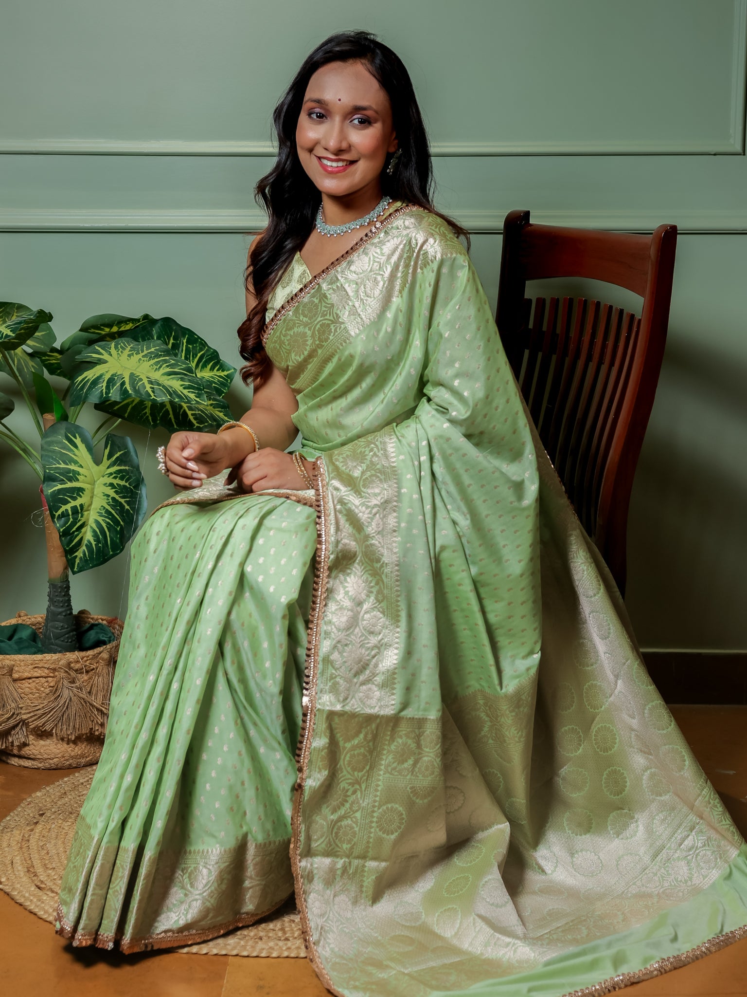 Banarasi Semi Silk Saree With Buti Weaving & Lace Border - Green