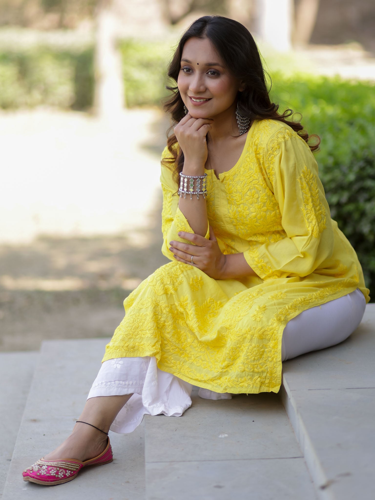Readymade Heavy Chikankari Rayon Kurti-Yellow