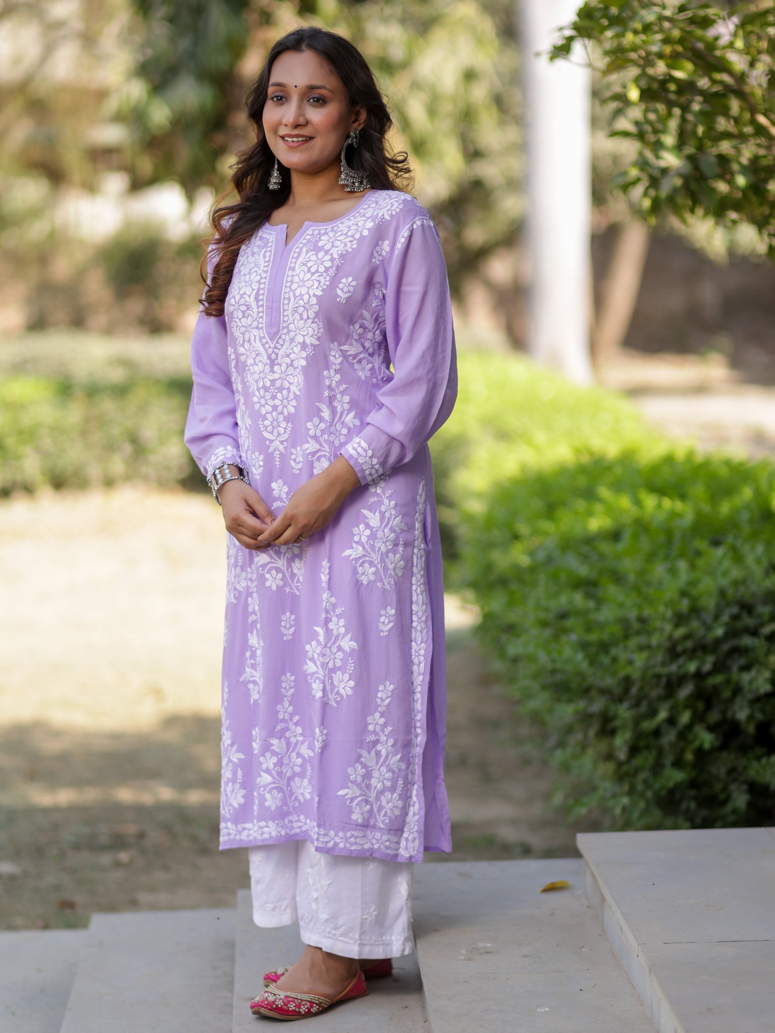 Readymade Floral Heavy Chikankari Rayon Kurti- Lavender