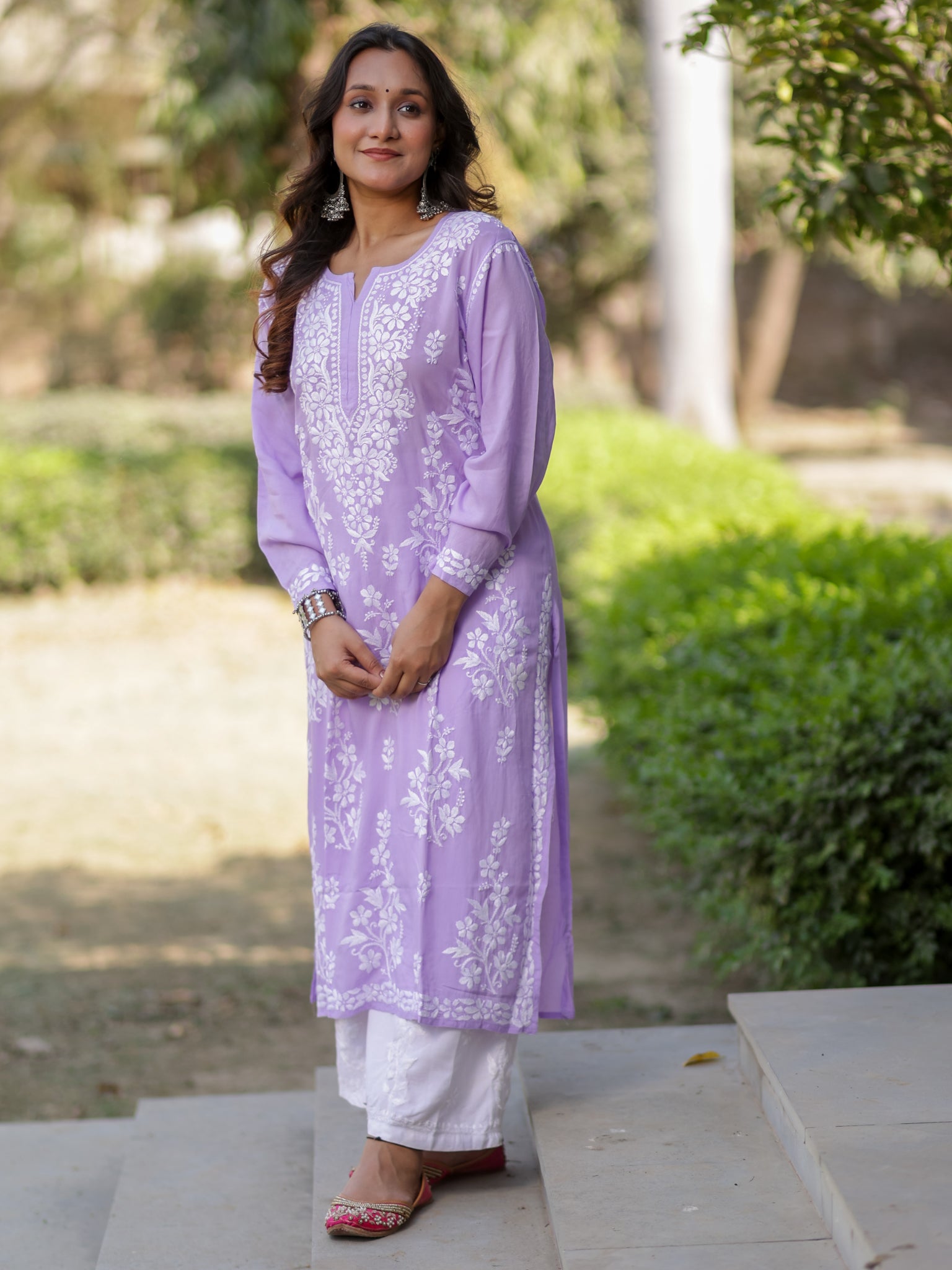 Readymade Floral Heavy Chikankari Rayon Kurti- Lavender
