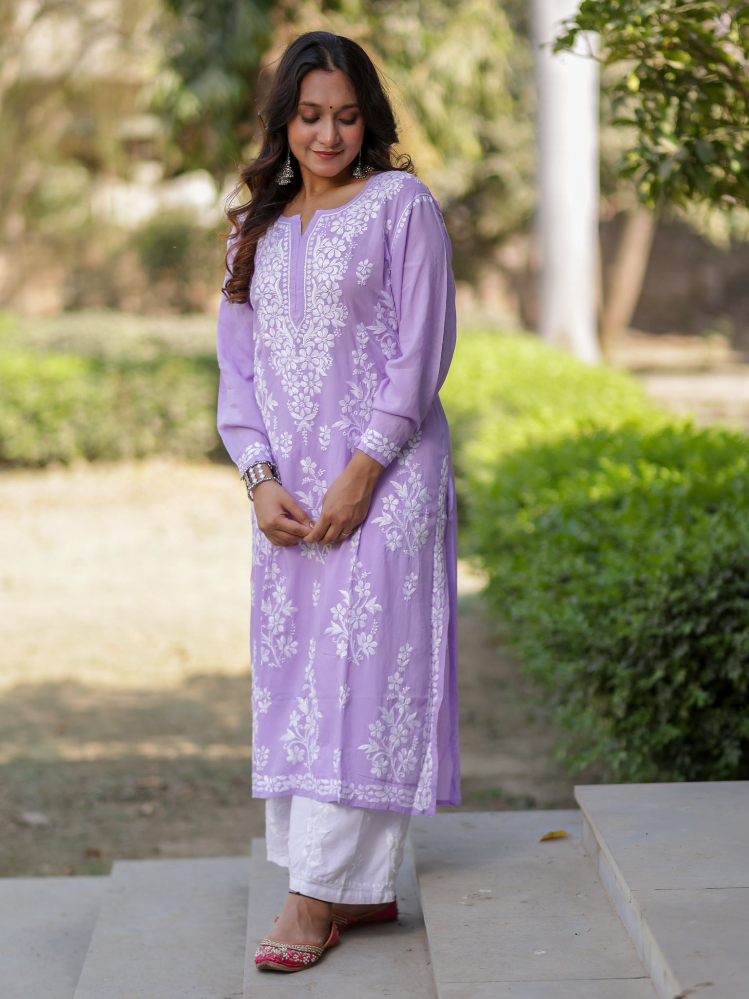 Readymade Floral Heavy Chikankari Rayon Kurti- Lavender