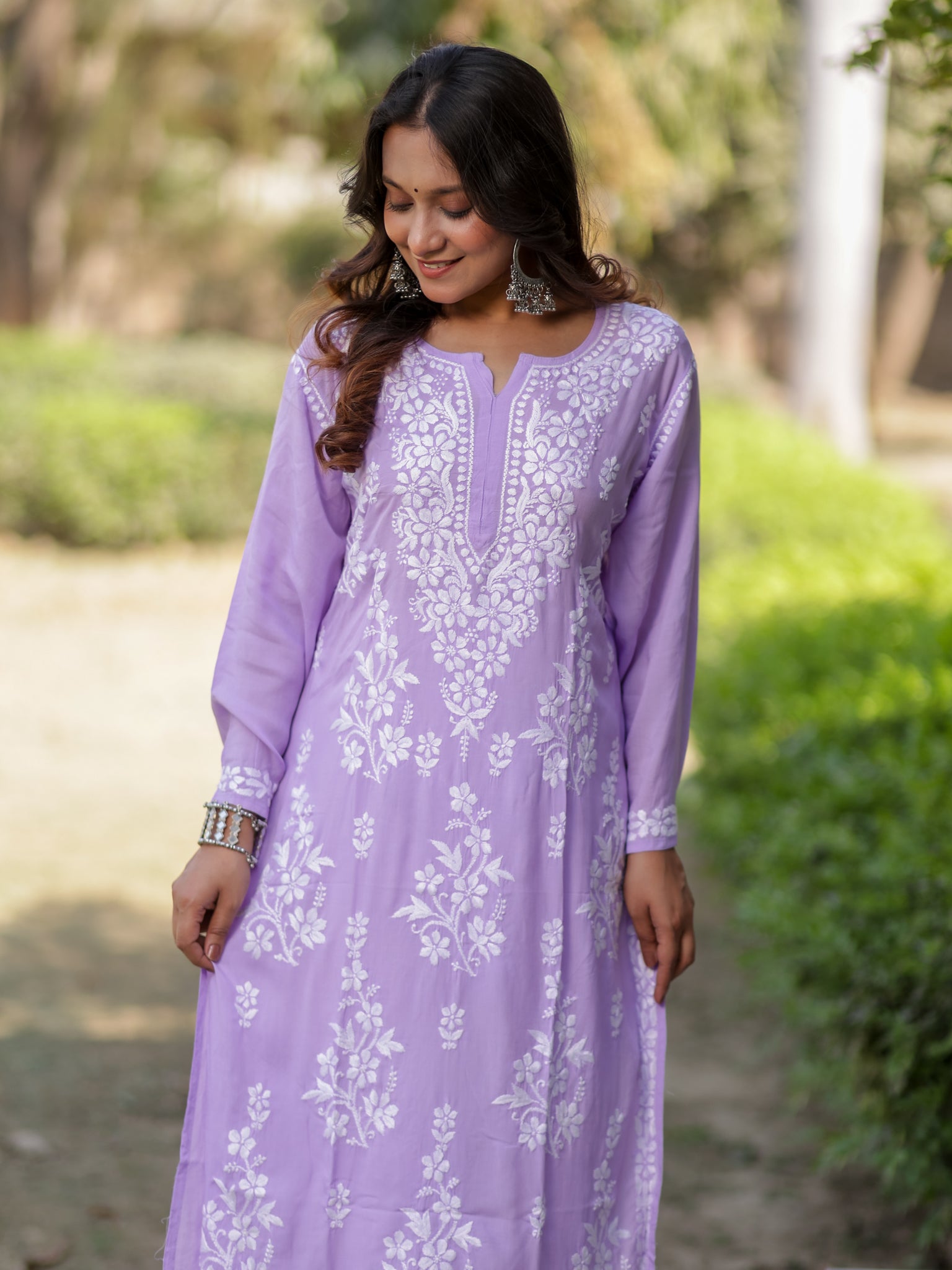 Readymade Floral Heavy Chikankari Rayon Kurti- Lavender