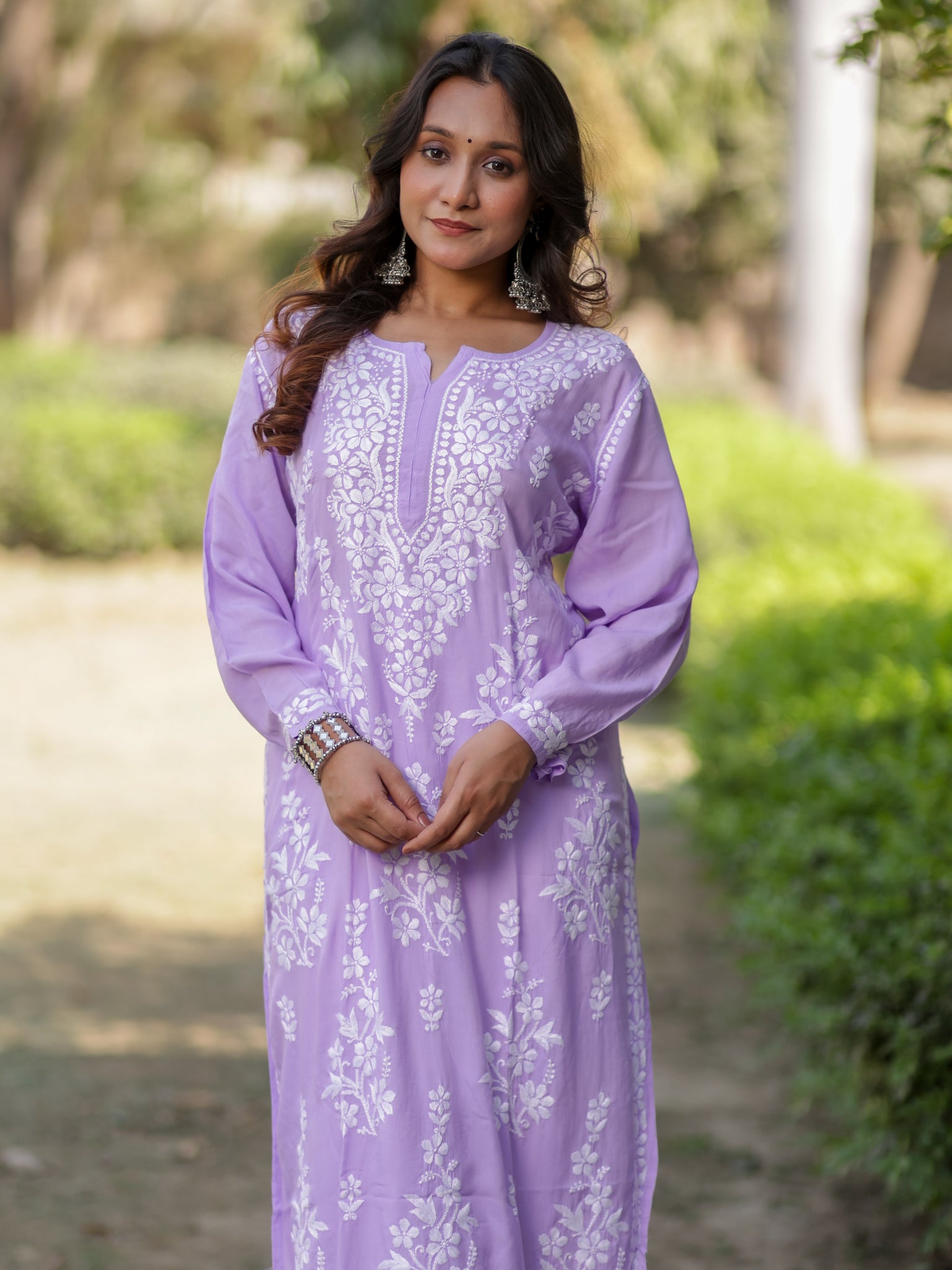 Readymade Floral Heavy Chikankari Rayon Kurti- Lavender