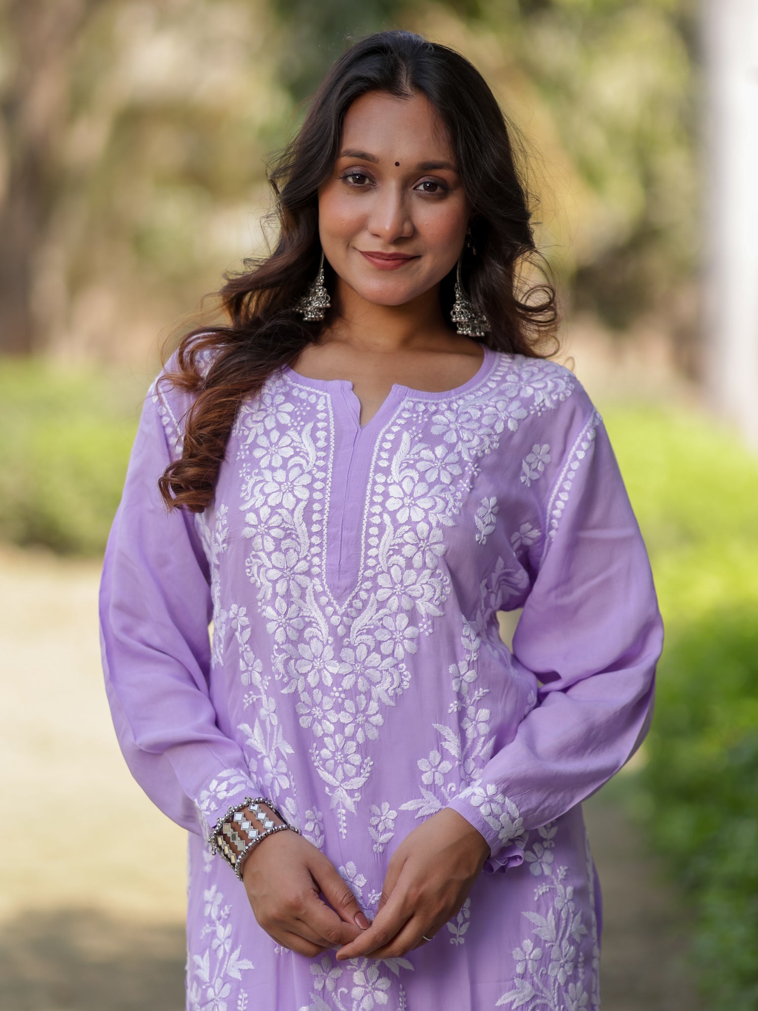 Readymade Floral Heavy Chikankari Rayon Kurti- Lavender