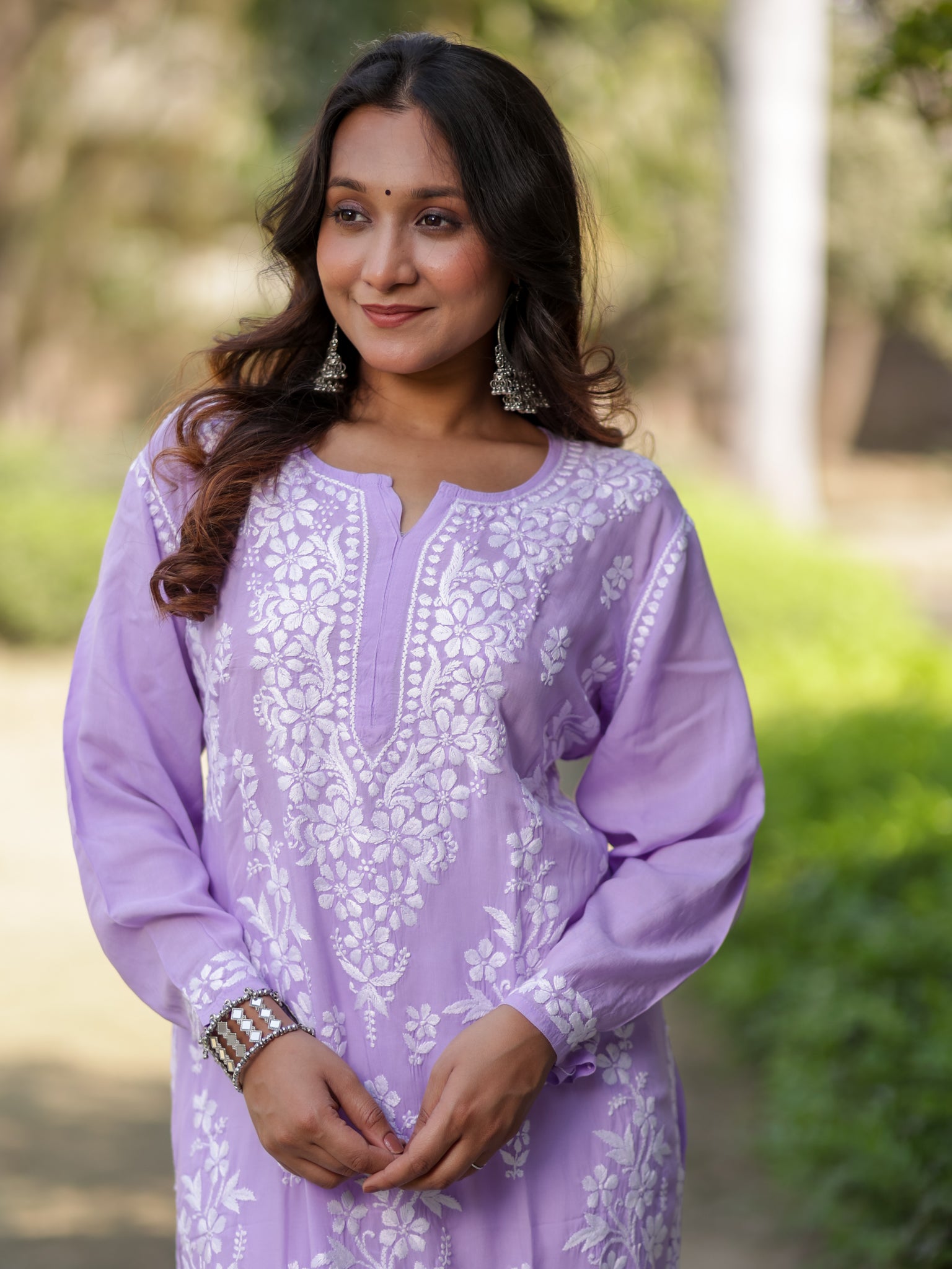 Readymade Floral Heavy Chikankari Rayon Kurti- Lavender