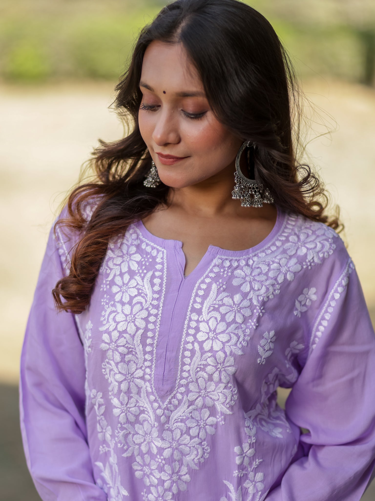 Readymade Floral Heavy Chikankari Rayon Kurti- Lavender