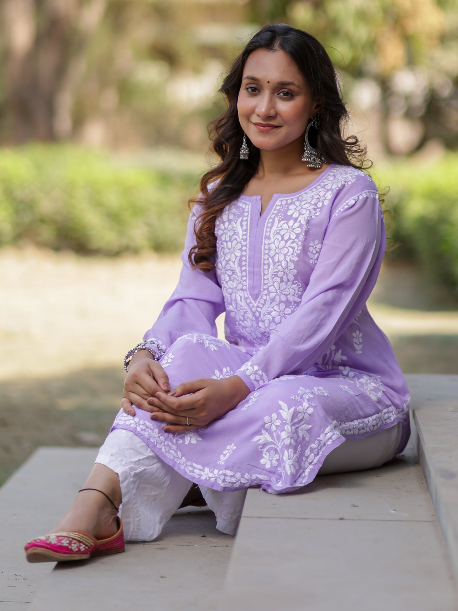 Readymade Floral Heavy Chikankari Rayon Kurti- Lavender
