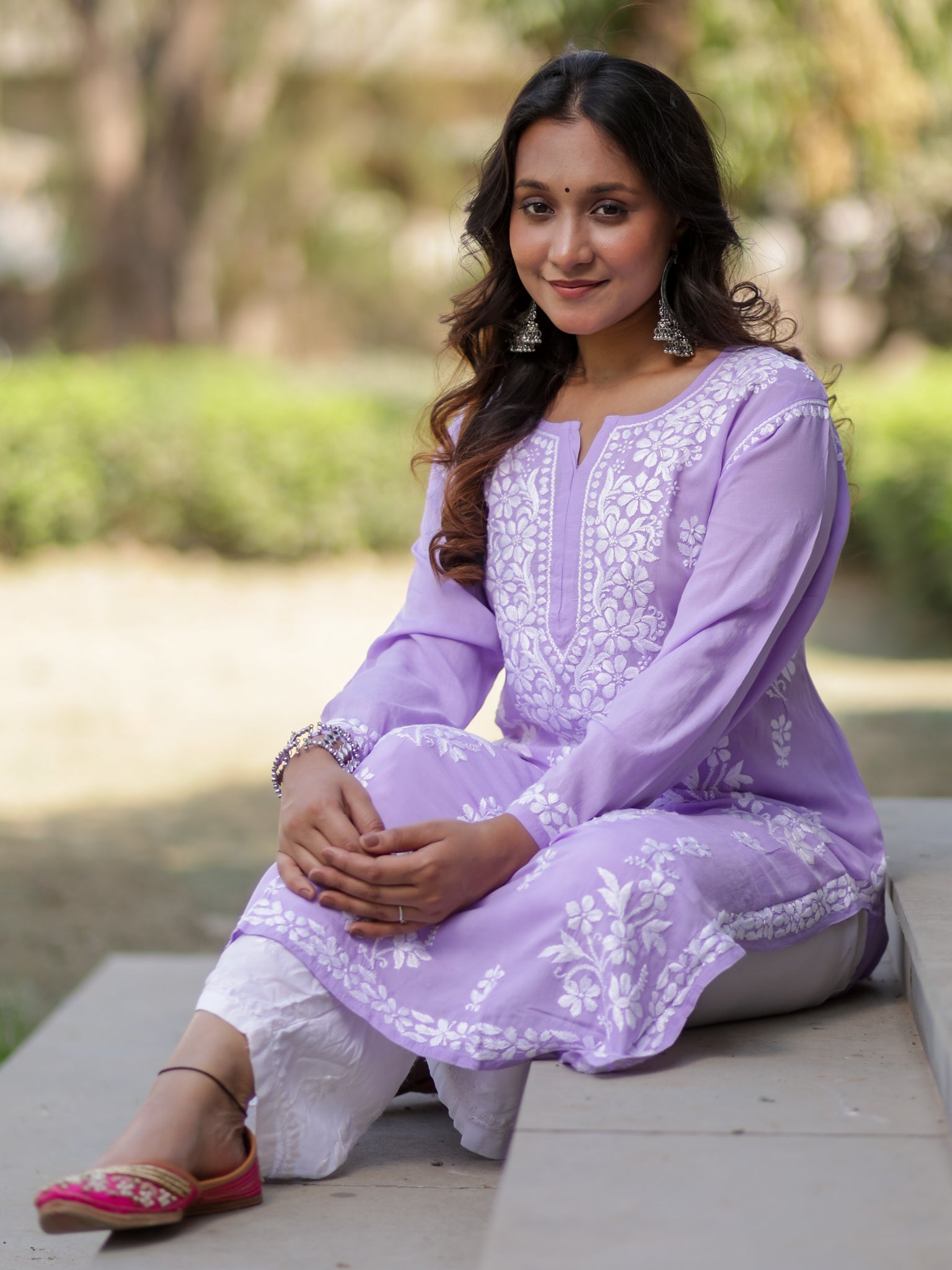 Readymade Floral Heavy Chikankari Rayon Kurti- Lavender