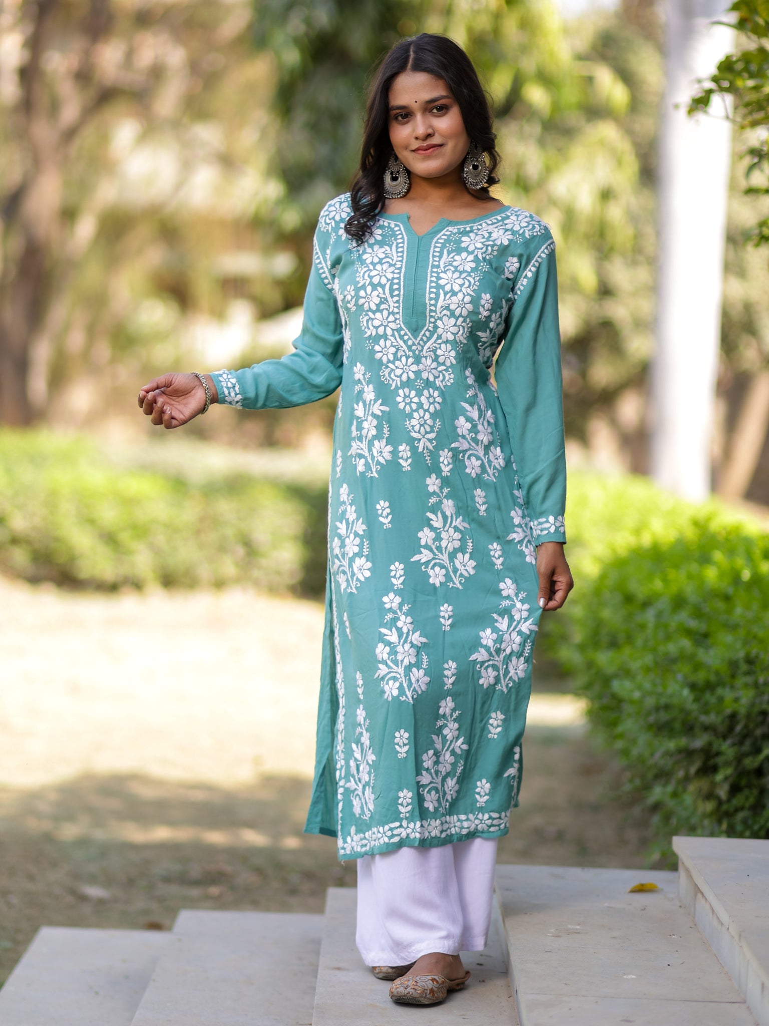 Readymade Floral Heavy Chikankari Rayon Kurti- Sea Green