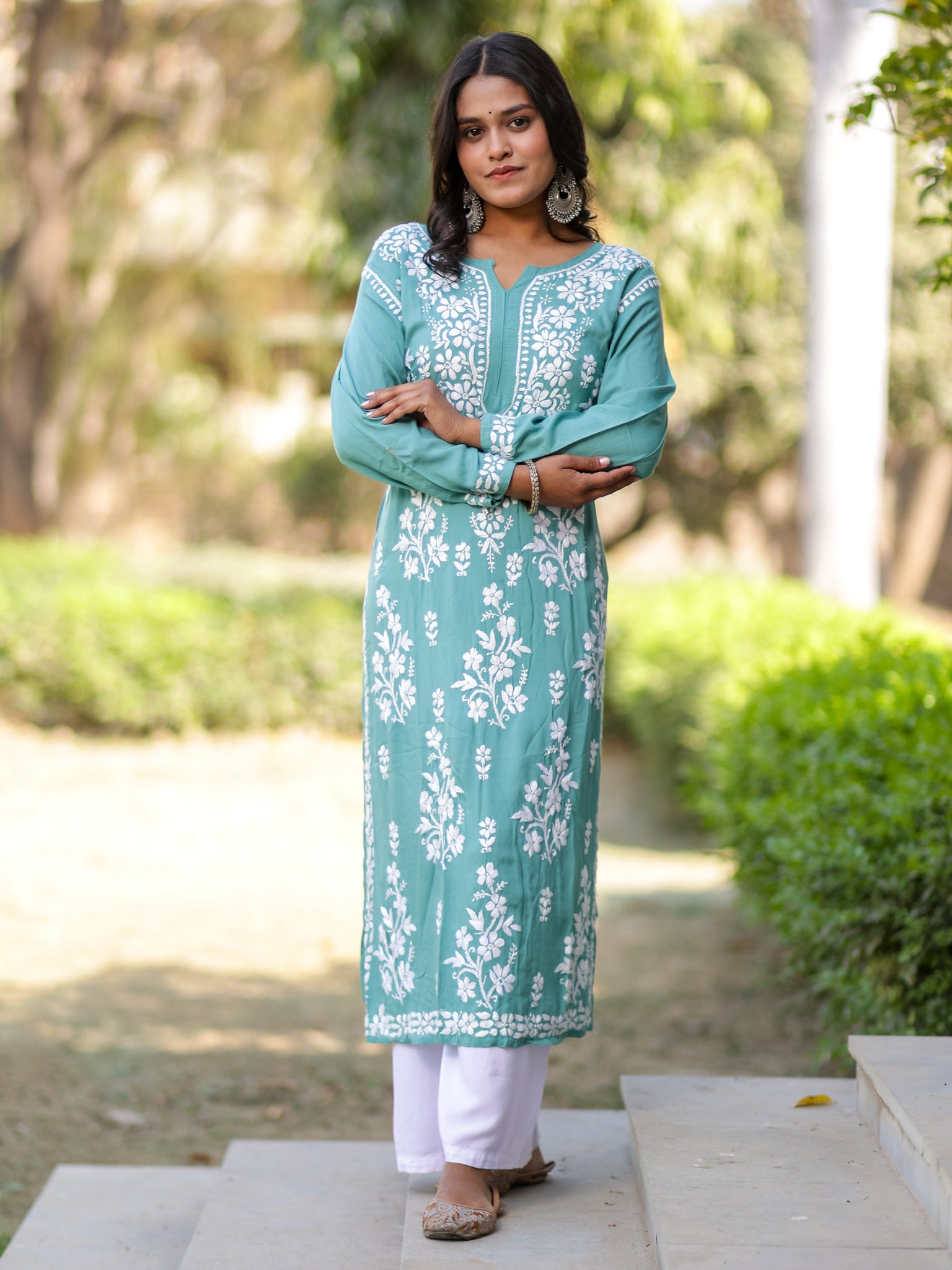 Readymade Floral Heavy Chikankari Rayon Kurti- Sea Green