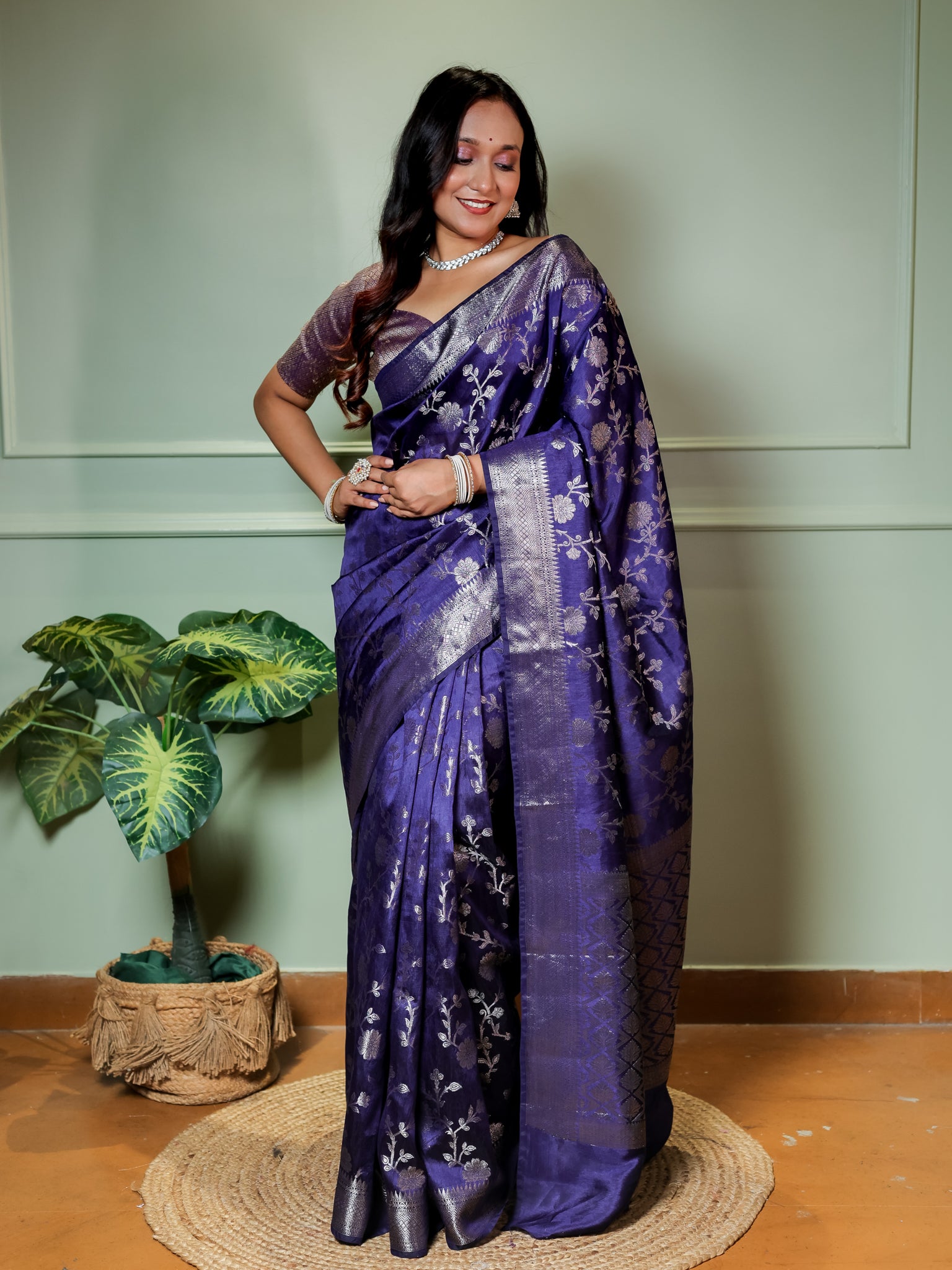 Banarasi Cotton Silk Saree With Floral Weaving & Border- Blue
