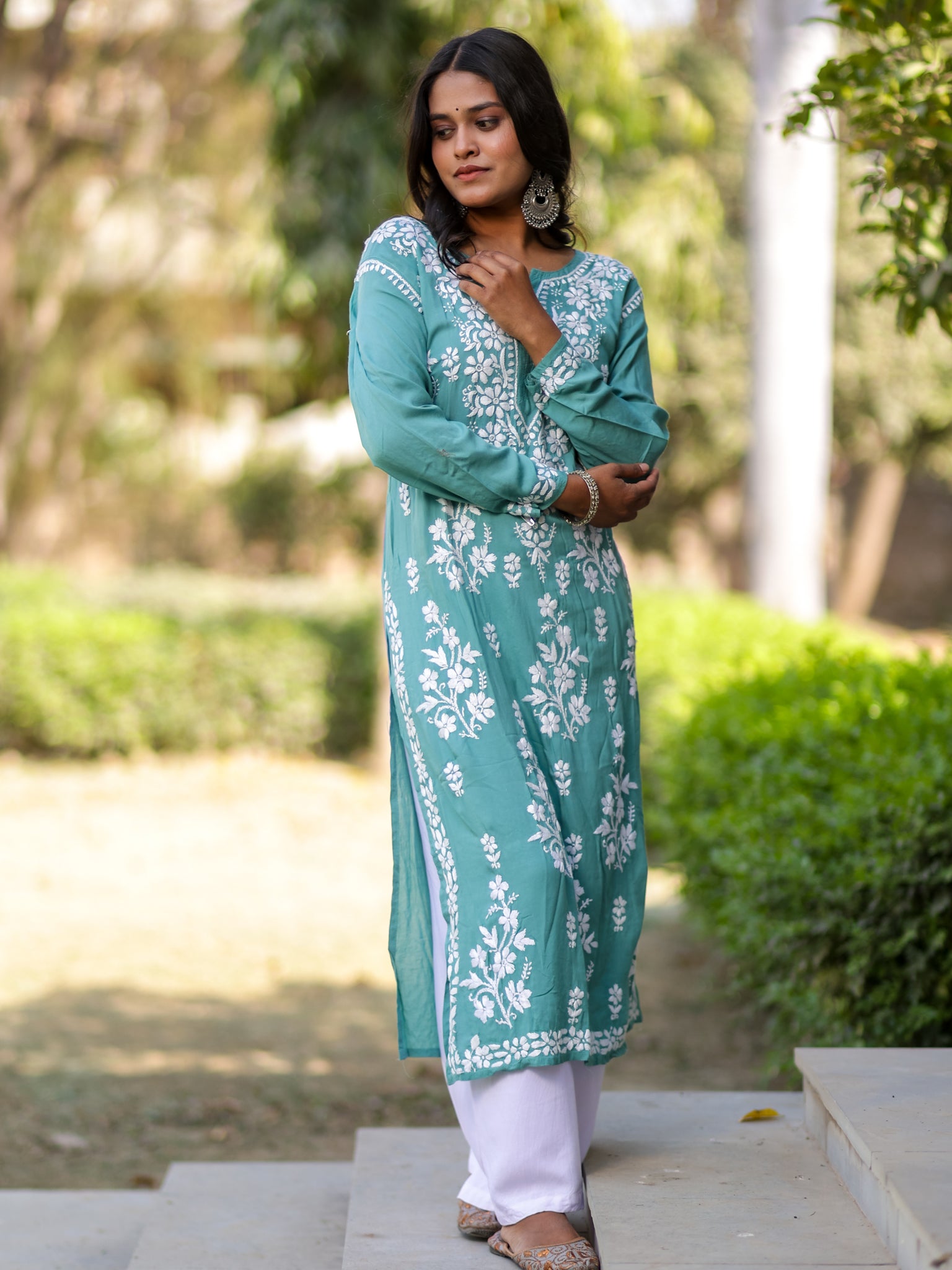 Readymade Floral Heavy Chikankari Rayon Kurti- Sea Green
