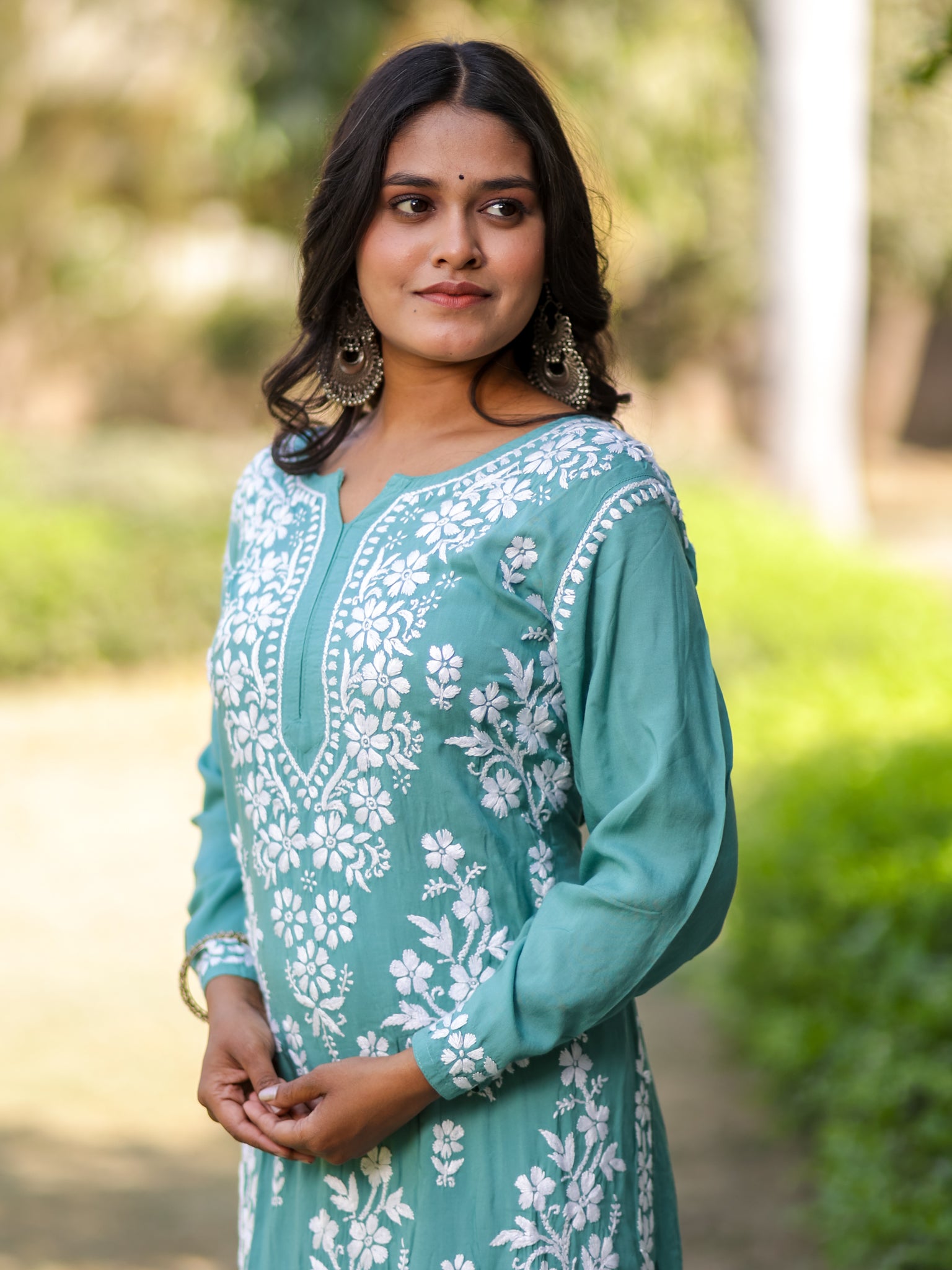 Readymade Floral Heavy Chikankari Rayon Kurti- Sea Green