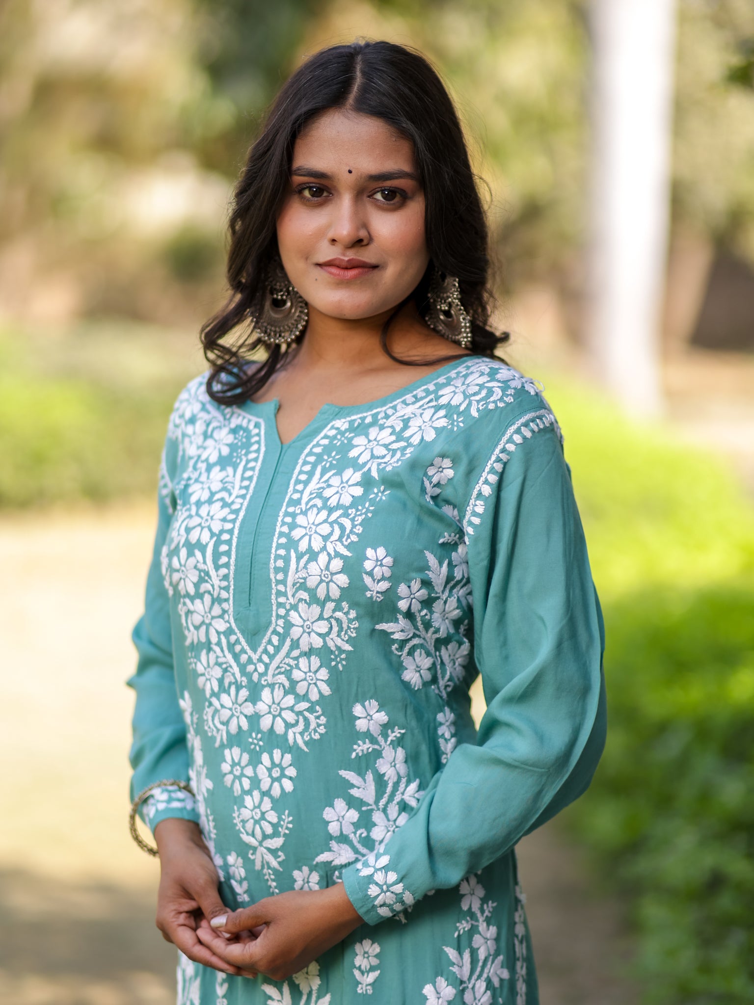 Readymade Floral Heavy Chikankari Rayon Kurti- Sea Green