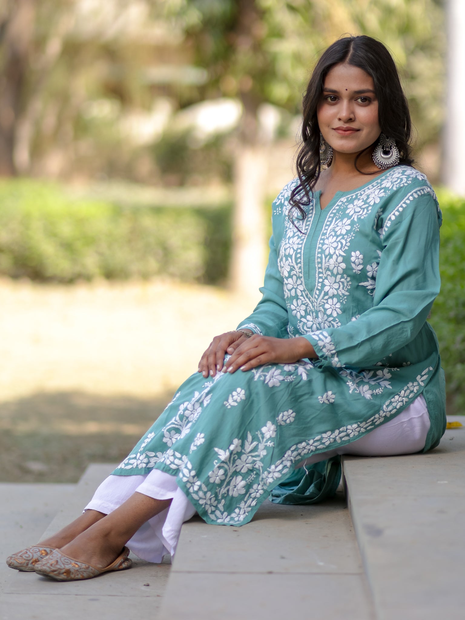 Readymade Floral Heavy Chikankari Rayon Kurti- Sea Green