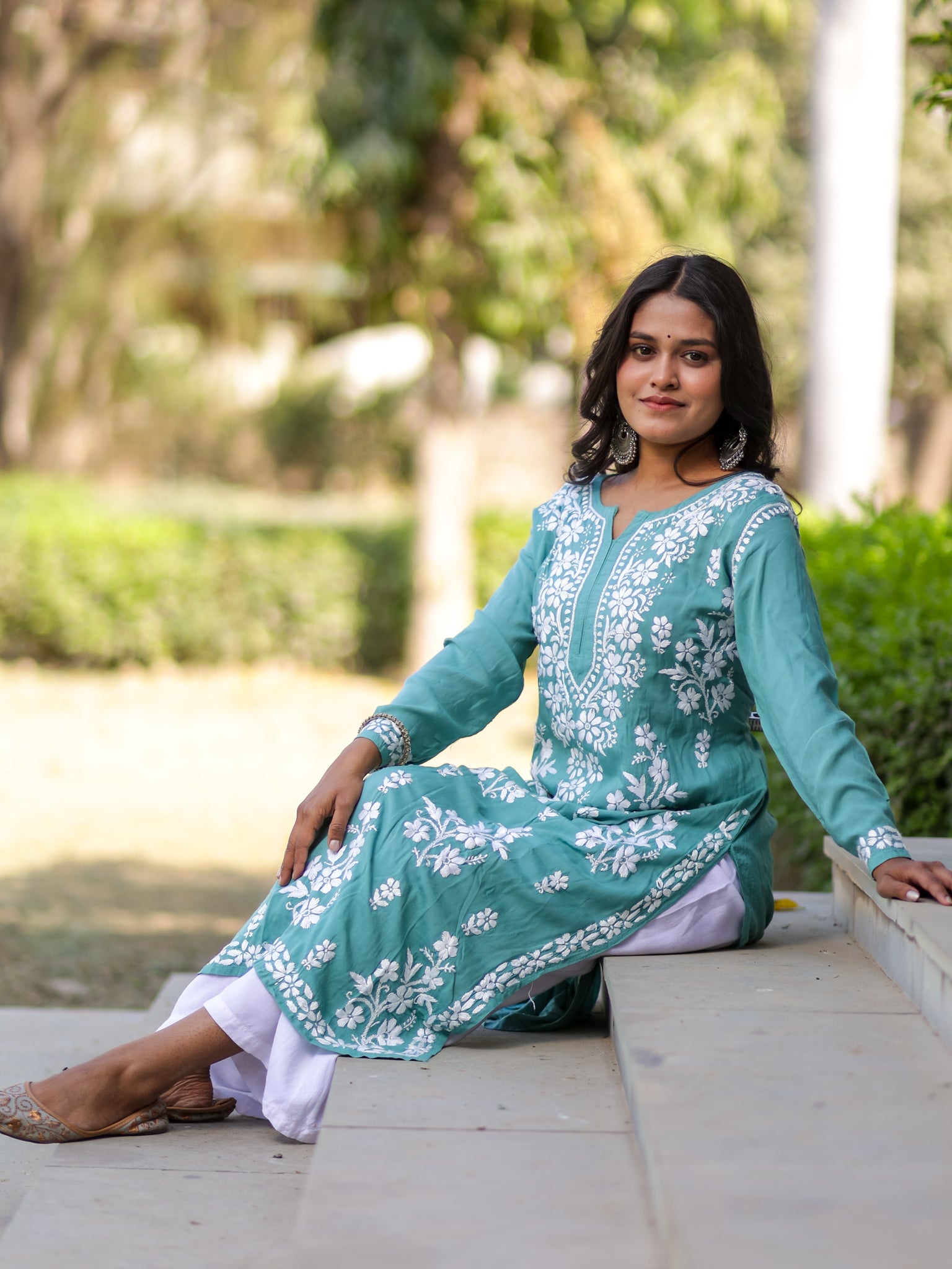 Readymade Floral Heavy Chikankari Rayon Kurti- Sea Green