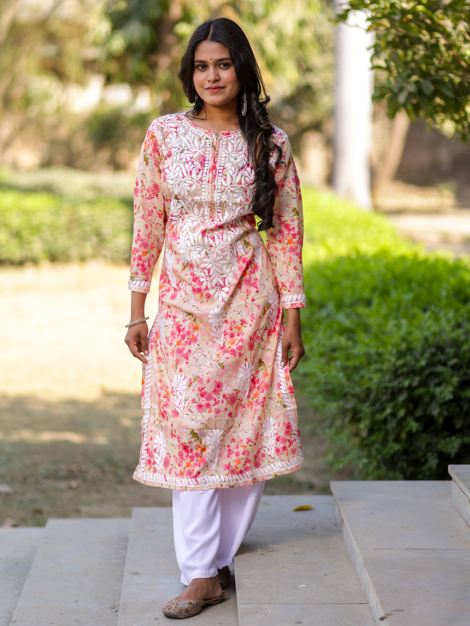 Readymade Chikankari Floral Print Mulmul Kurti-Pink