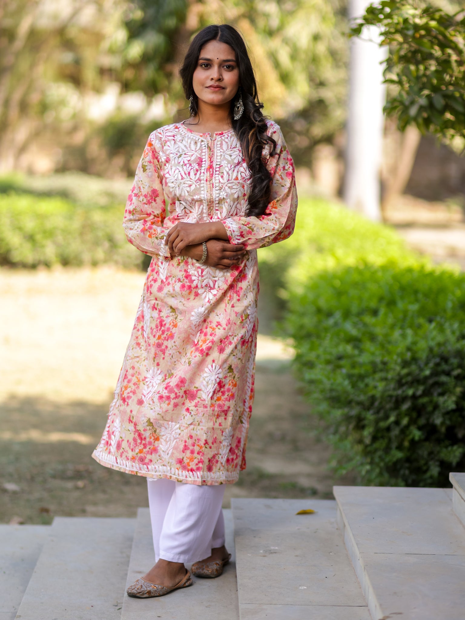 Readymade Chikankari Floral Print Mulmul Kurti-Pink