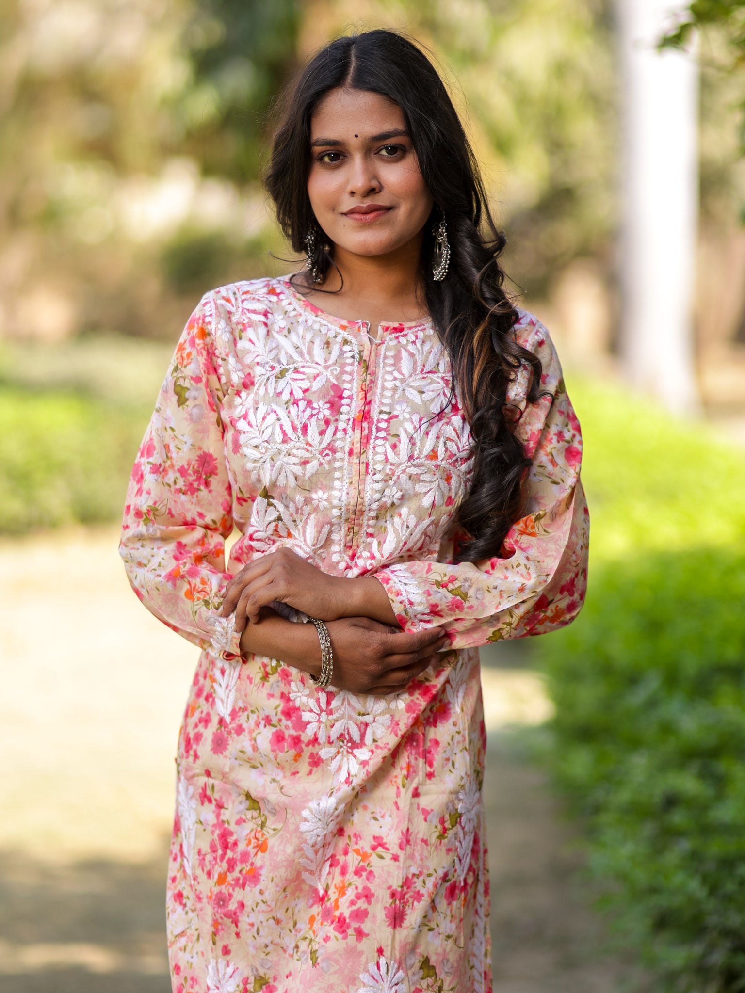 Readymade Chikankari Floral Print Mulmul Kurti-Pink