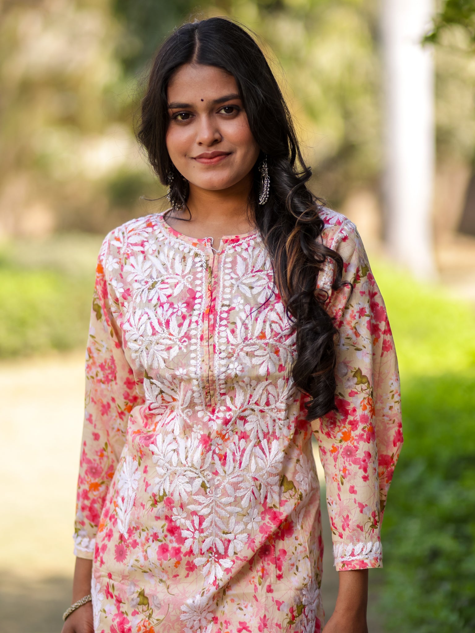 Readymade Chikankari Floral Print Mulmul Kurti-Pink