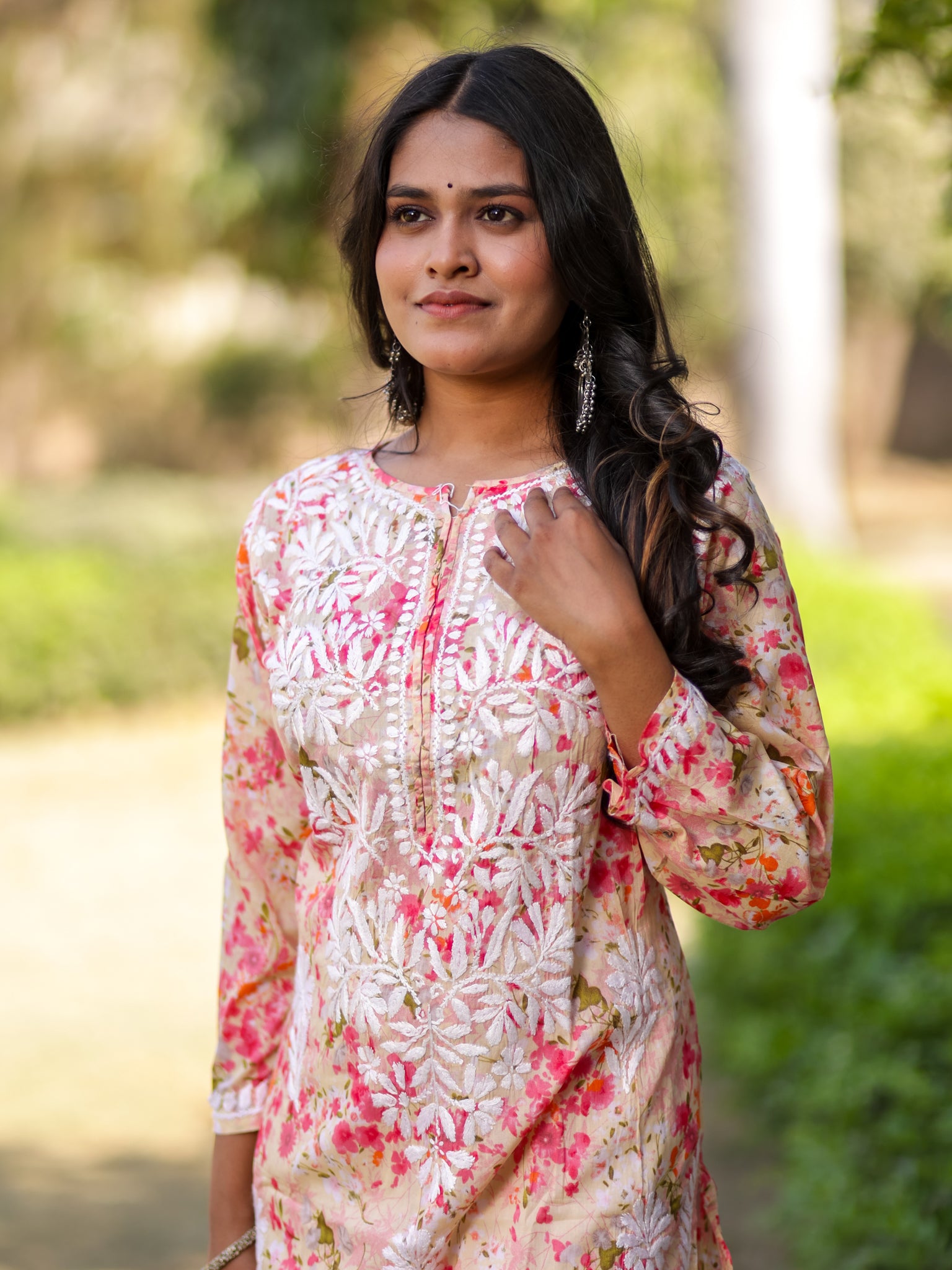 Readymade Chikankari Floral Print Mulmul Kurti-Pink