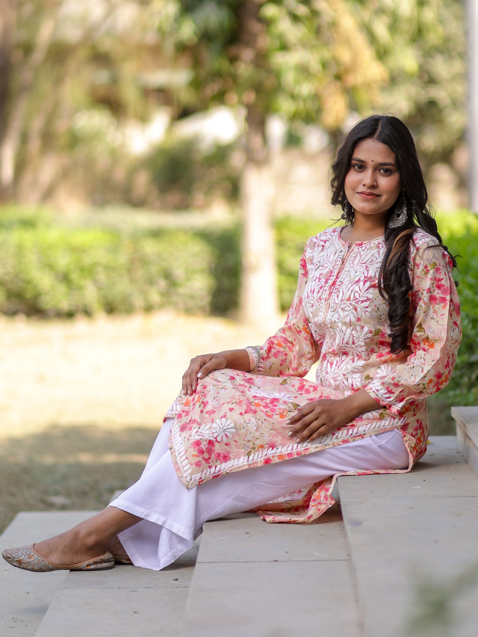 Readymade Chikankari Floral Print Mulmul Kurti-Pink