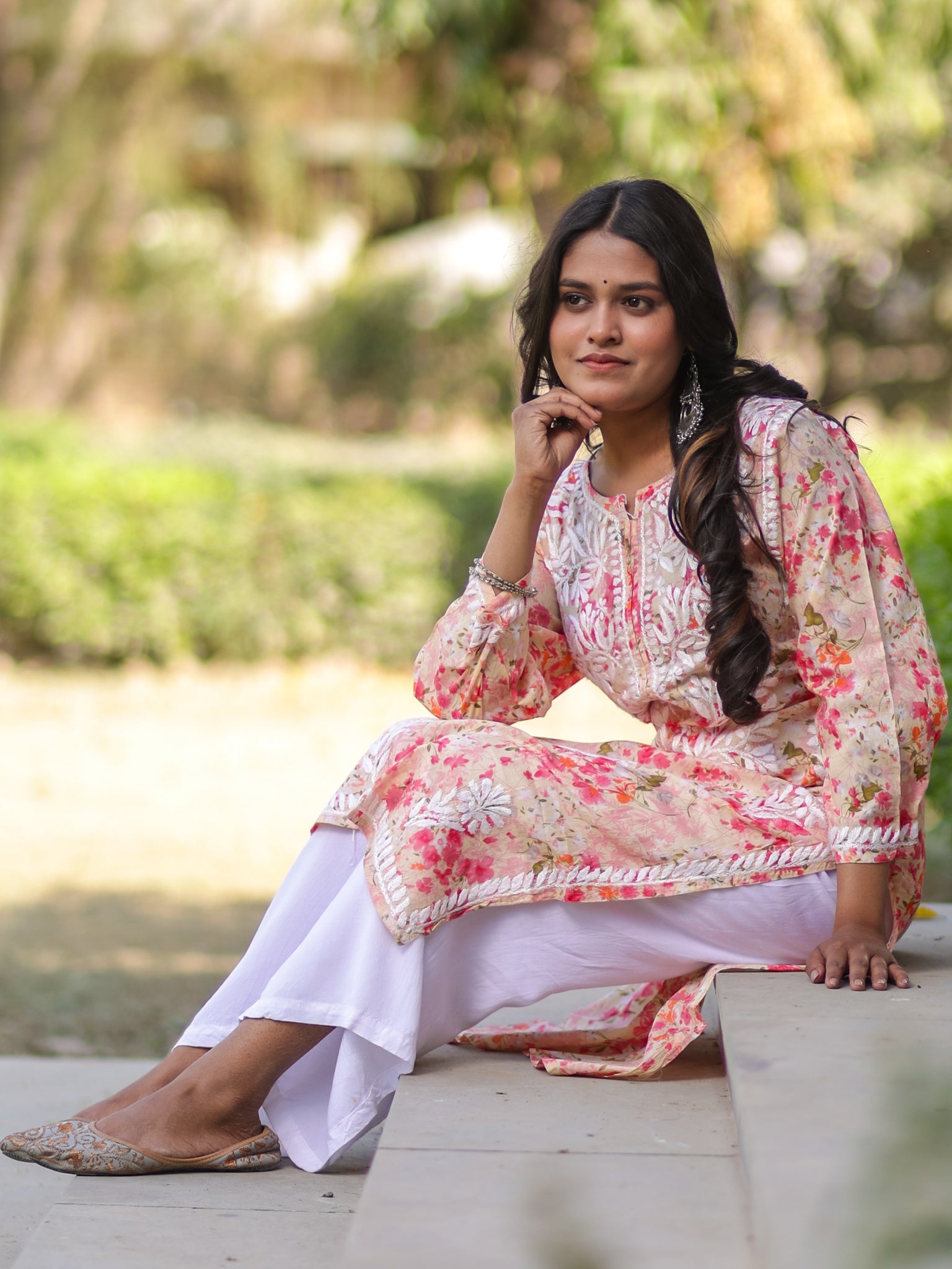 Readymade Chikankari Floral Print Mulmul Kurti-Pink