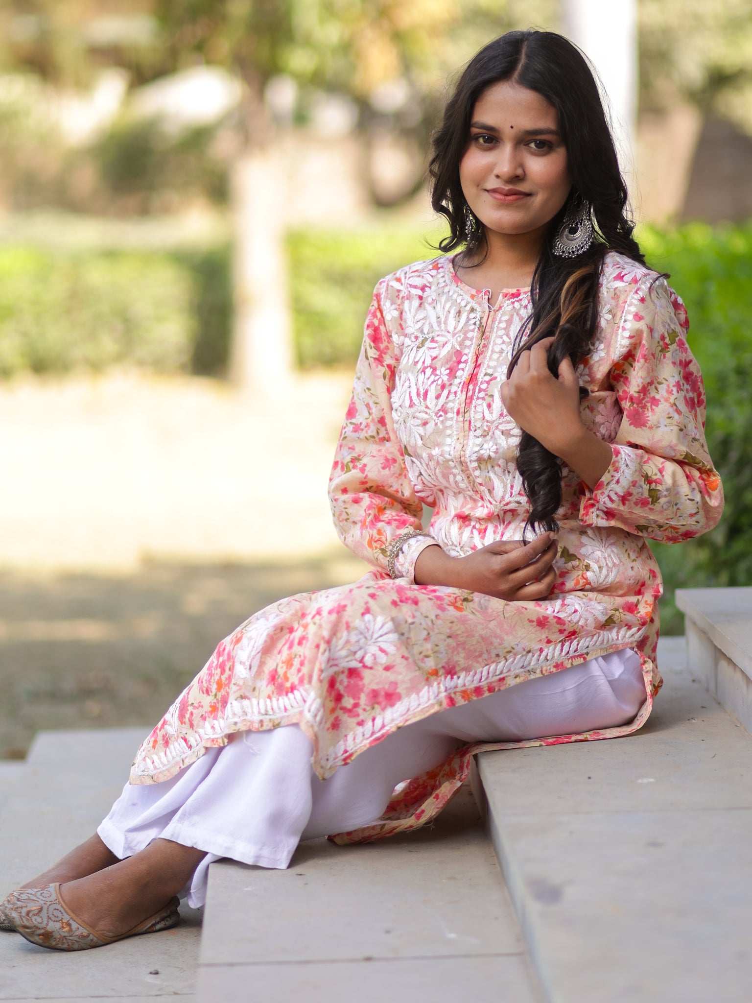 Readymade Chikankari Floral Print Mulmul Kurti-Pink