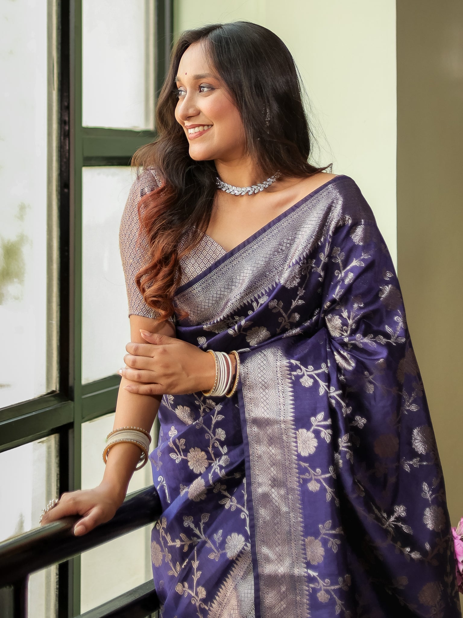 Banarasi Cotton Silk Saree With Floral Weaving & Border- Blue