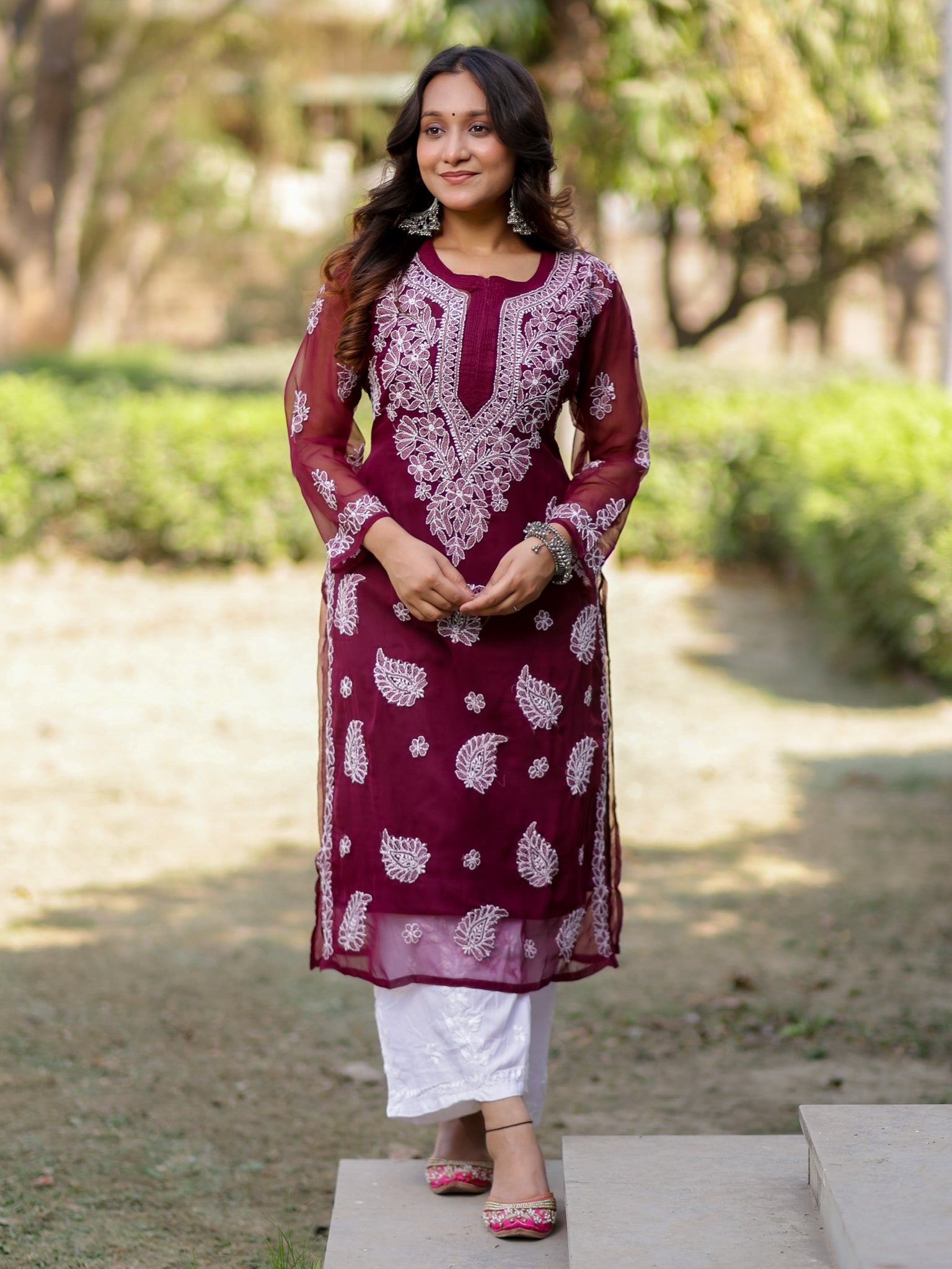 Readymade Floral Chikankari Georgette Kurti- Maroon