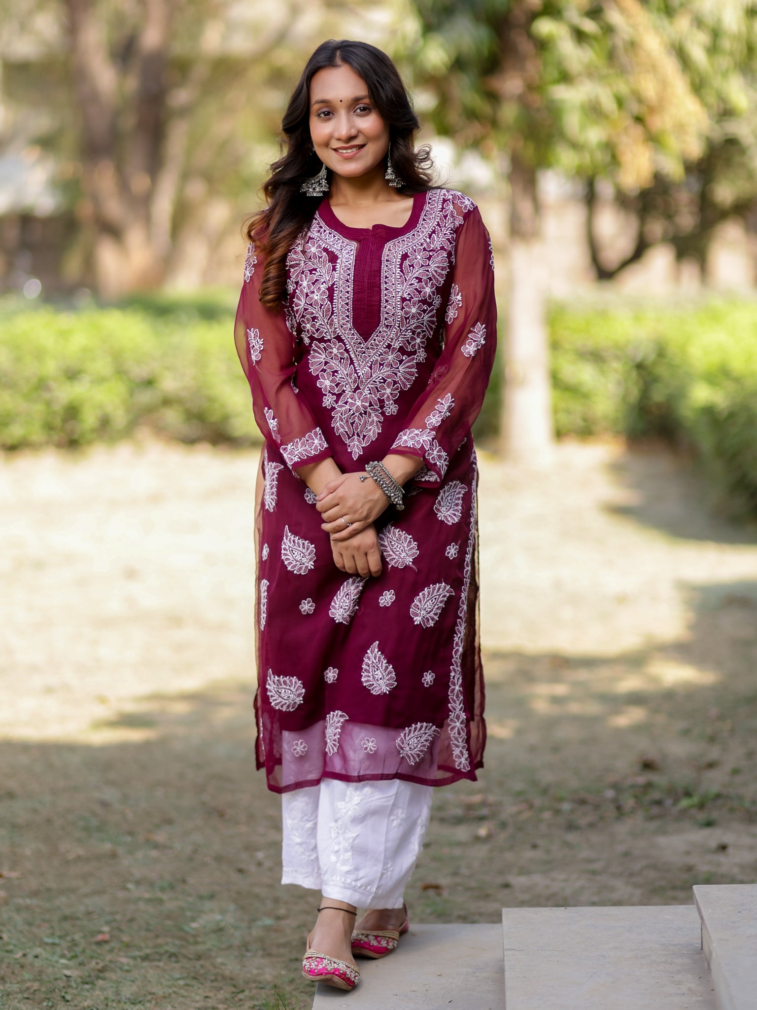 Readymade Floral Chikankari Georgette Kurti- Maroon