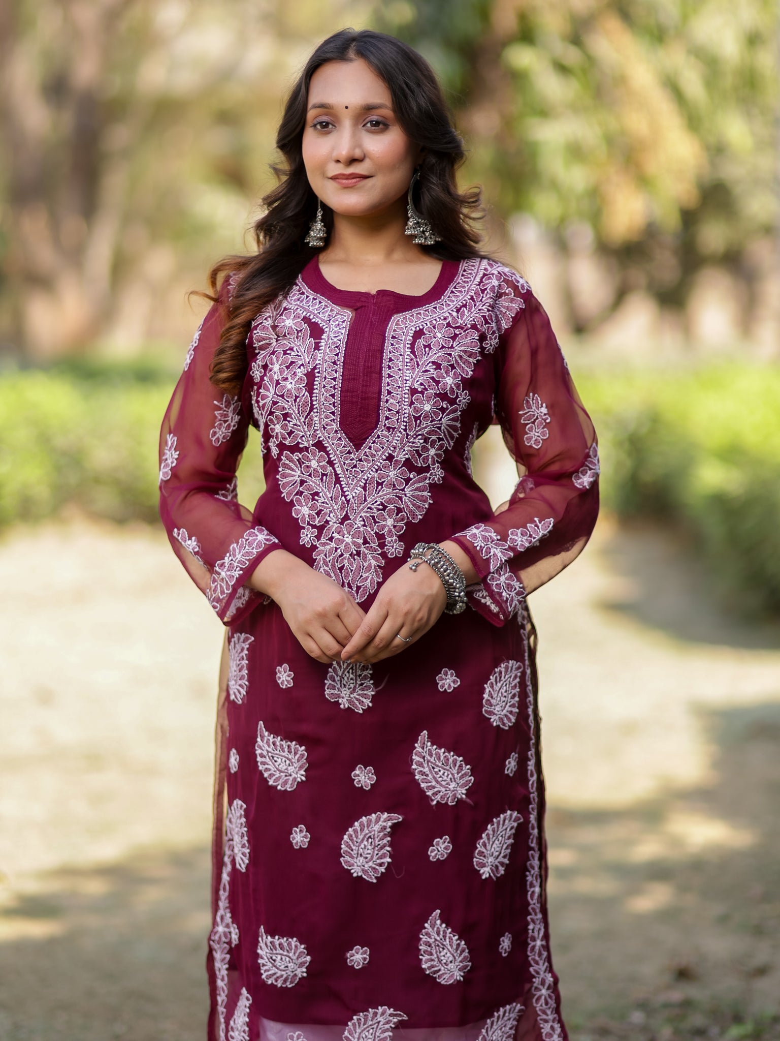 Readymade Floral Chikankari Georgette Kurti- Maroon