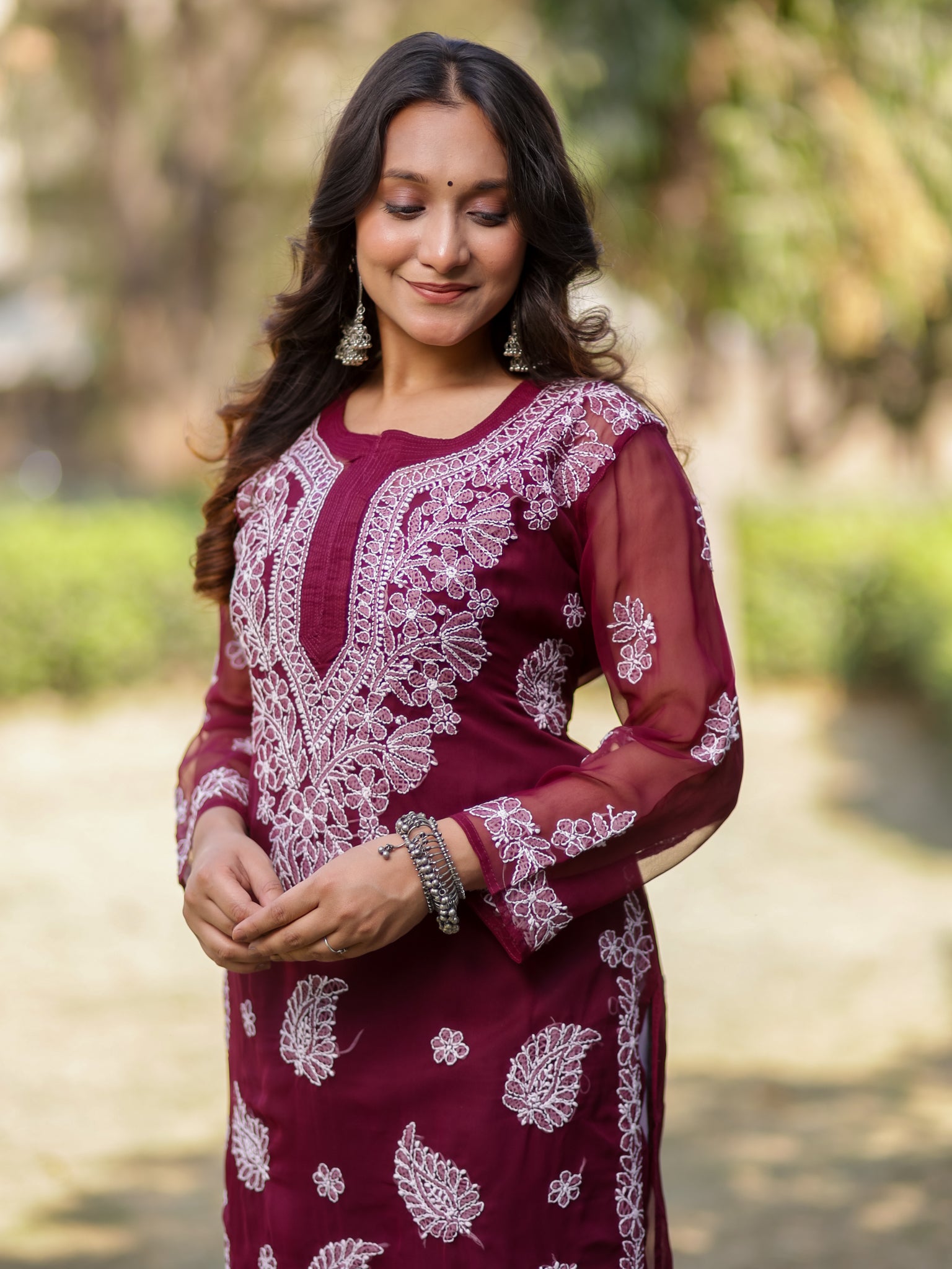Readymade Floral Chikankari Georgette Kurti- Maroon