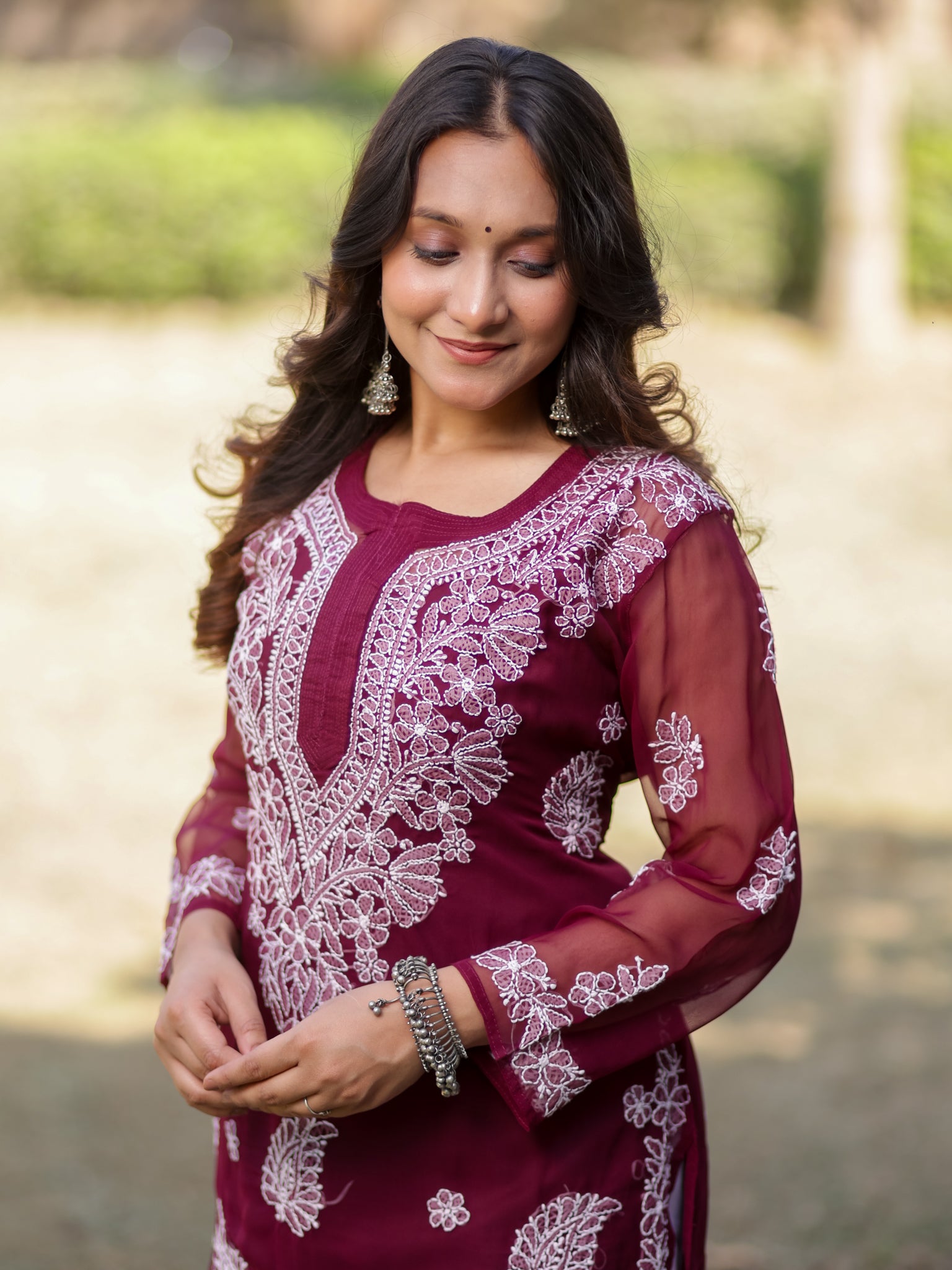 Readymade Floral Chikankari Georgette Kurti- Maroon