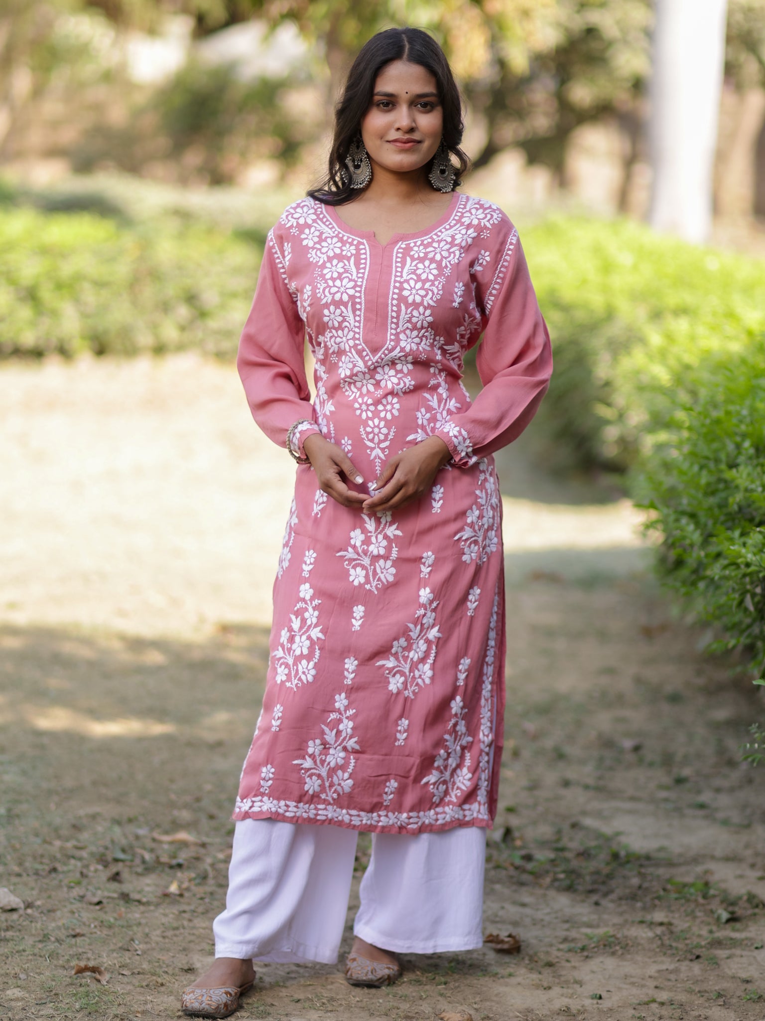 Readymade Floral Heavy Chikankari Rayon Kurti- Peach